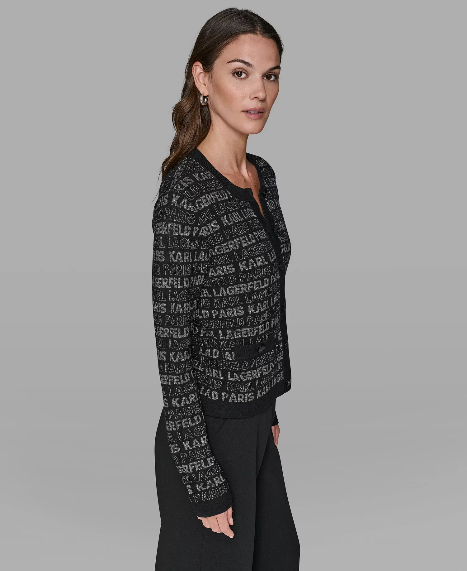 Women's Lurex Logo Cardigan Sweater - Black/Gunmetal - XS