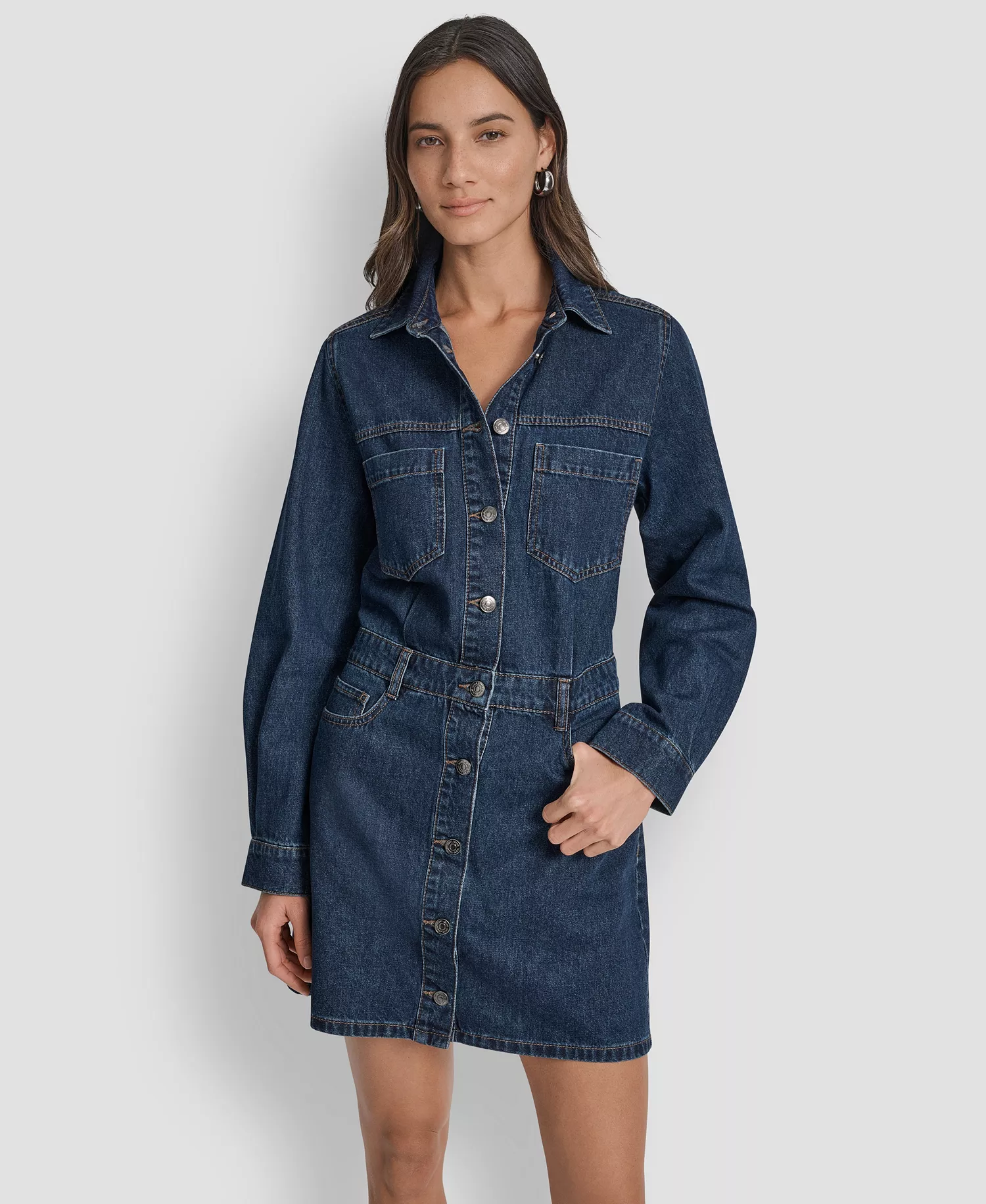 Women's Button-Down Long-Sleeve Denim Dress - ELERY - XS
