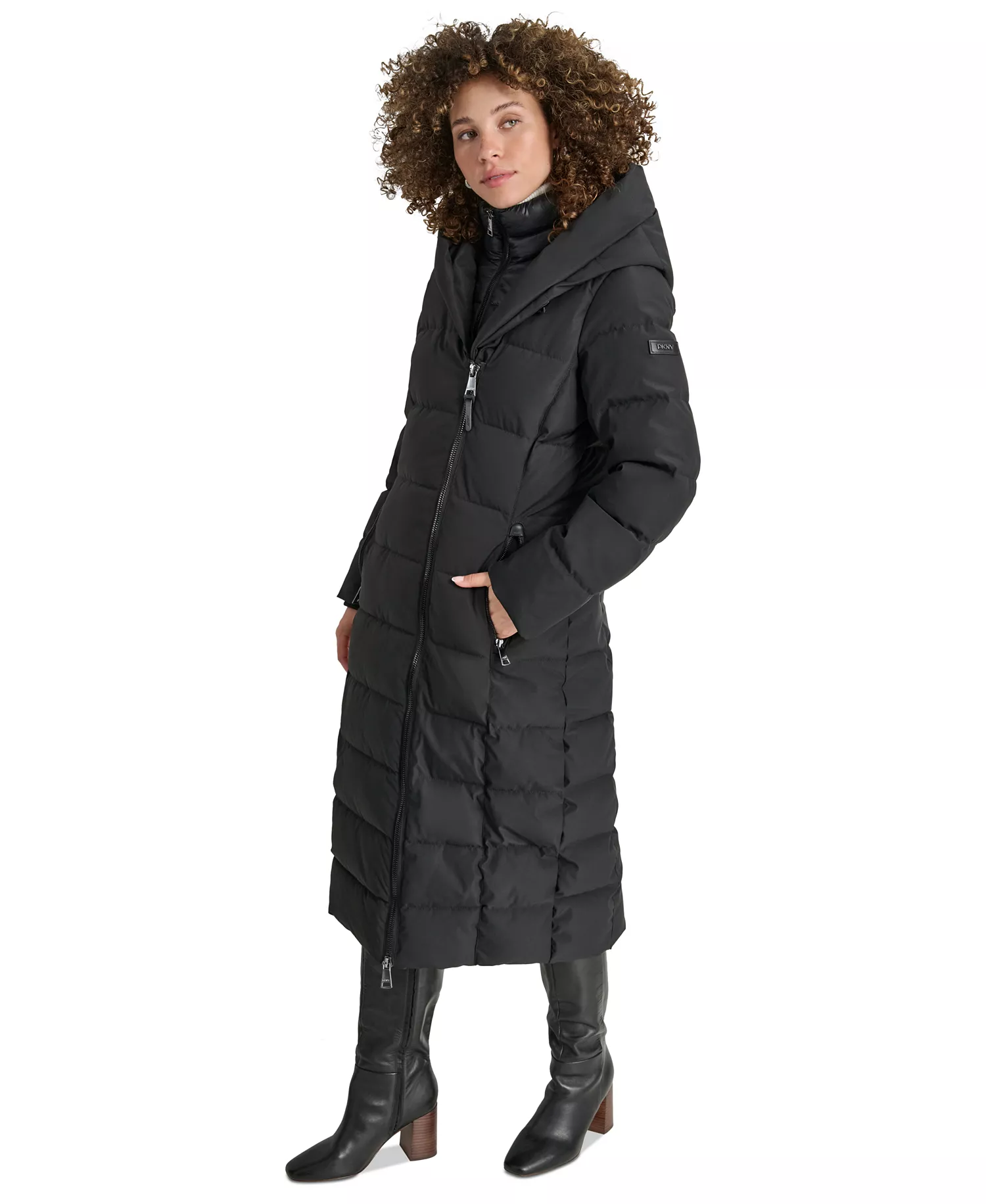 Women's Bibbed Shawl Collar Hooded Puffer Coat - Black - L