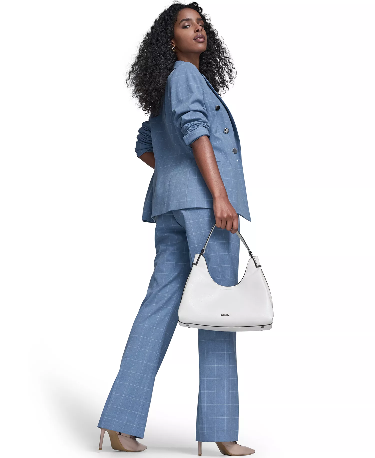 Women's Windowpane Double Breast Jacket, Sleeveless Collared Sweater, and Windowpane Modern Fit Pants - Light Flint/cream - 10