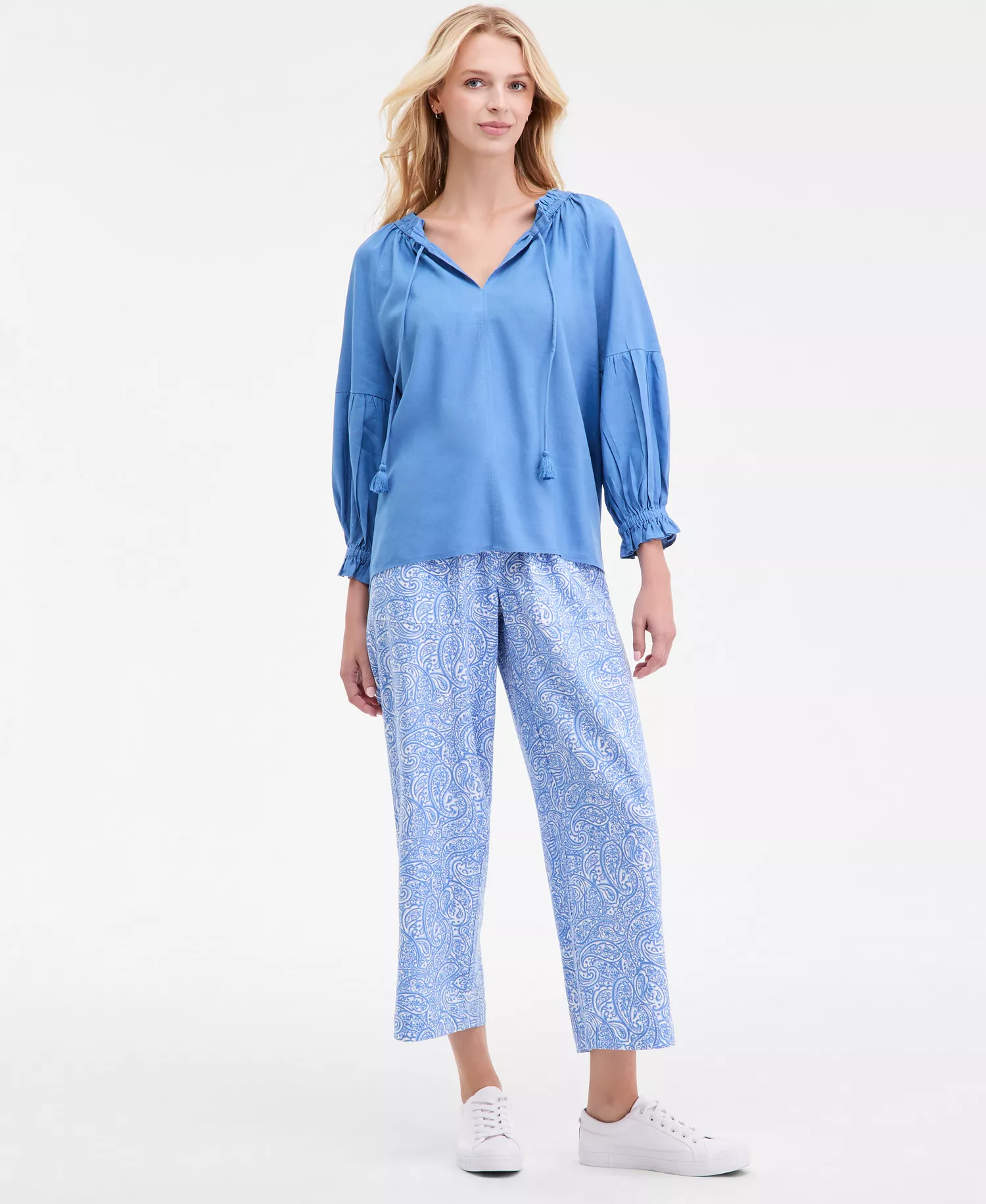Nautica Women's Split-Neck Ruffled-Trim Blouse - Blue Haze - L