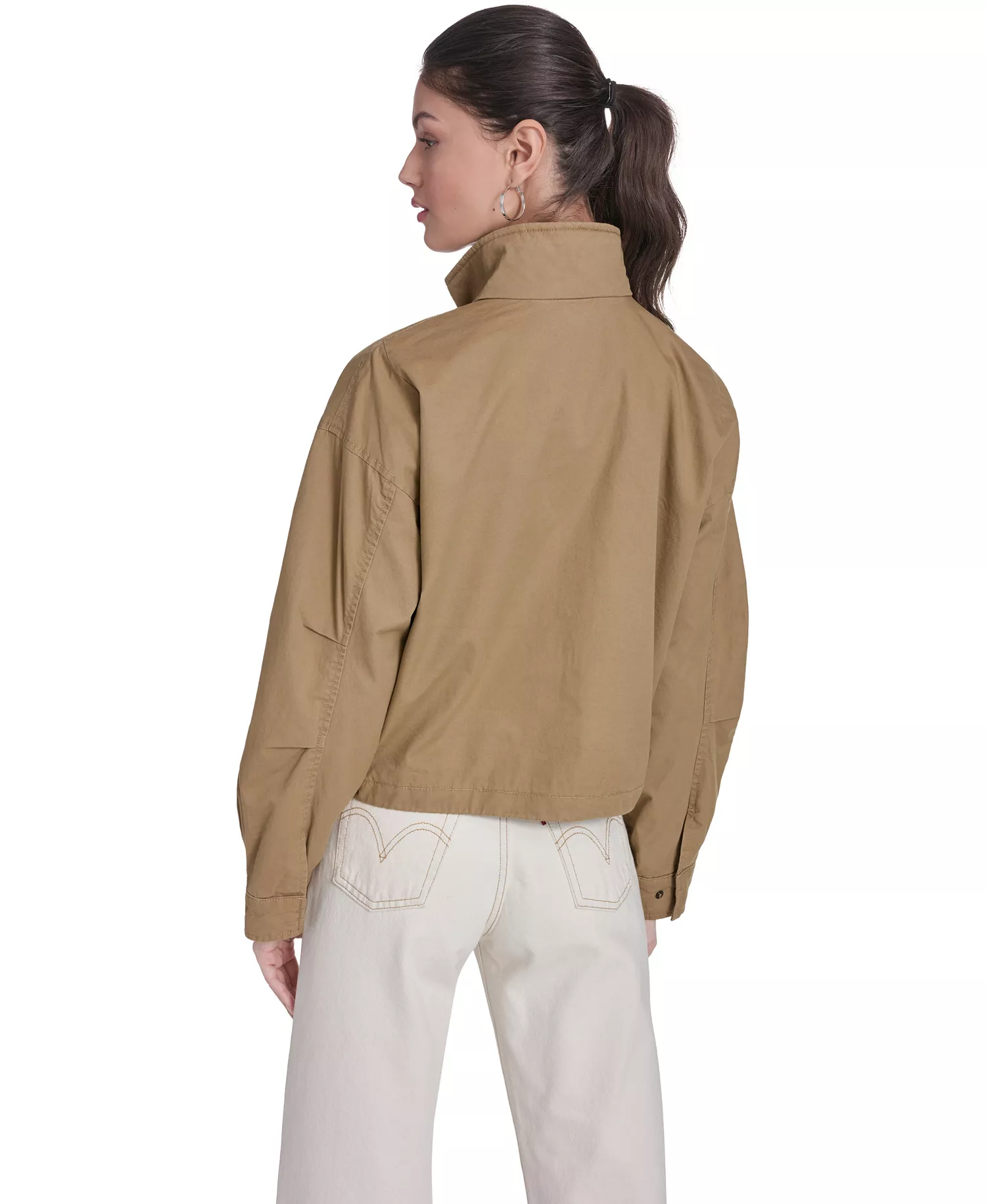 Women's Stand Collar Zipper Jacket - Camel - L