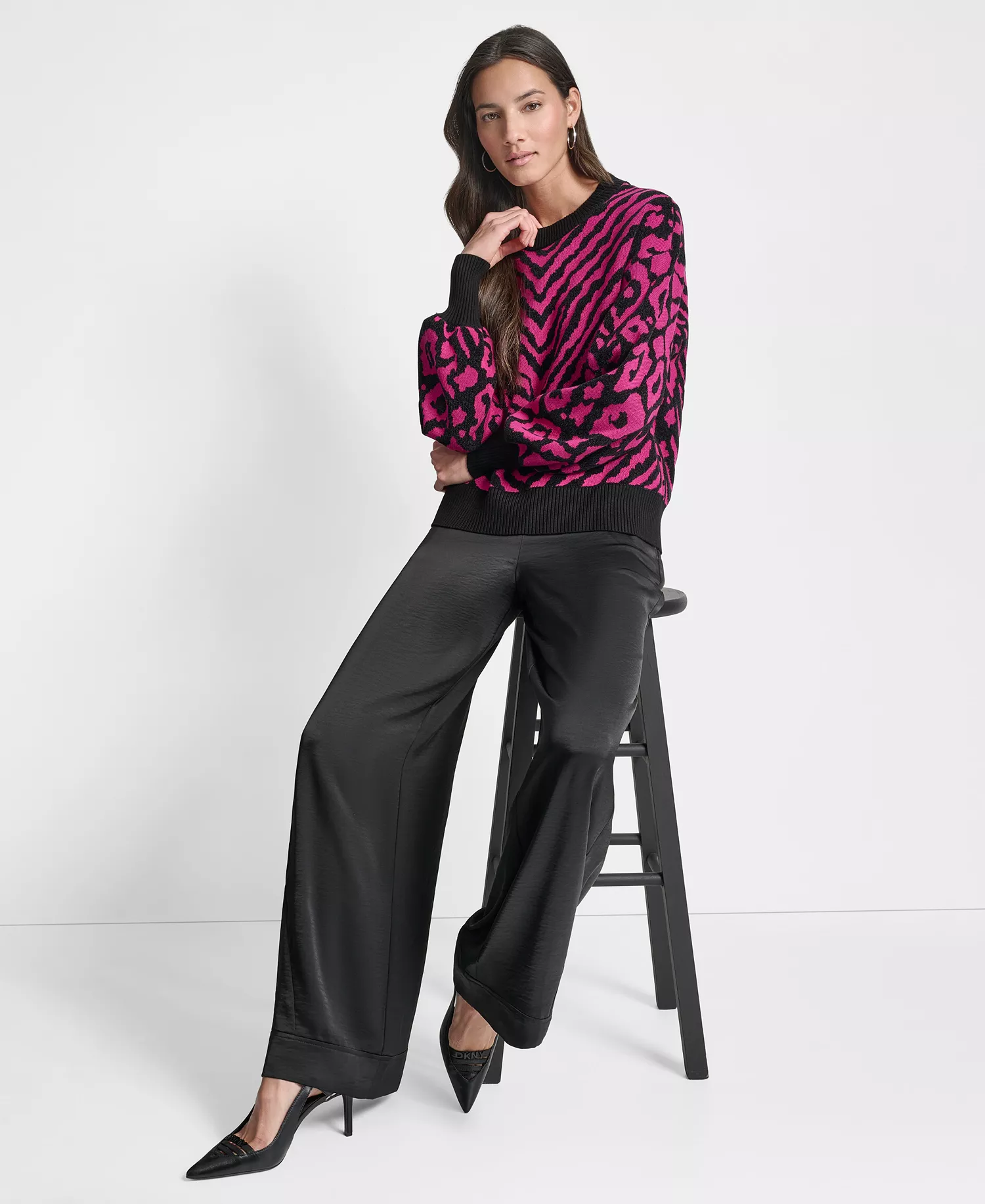 Women's Long-Sleeve Animal-Flocked Sweater - Fuchsia/black - L