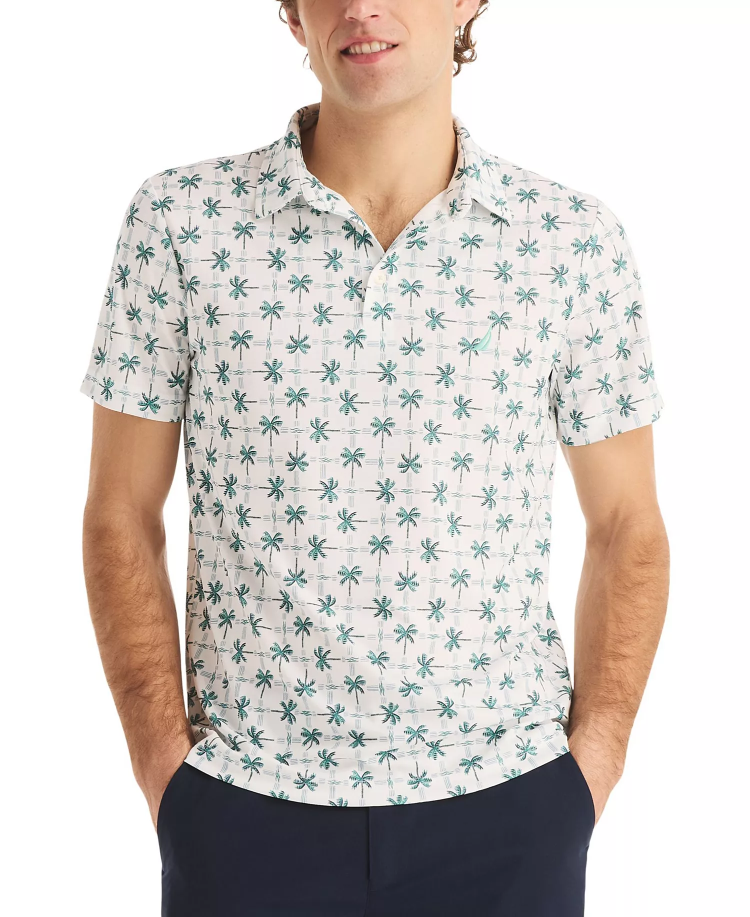 Men's Palm Tree Print Golf Short-Sleeve Polo Shirt - Dusty Neptune - L