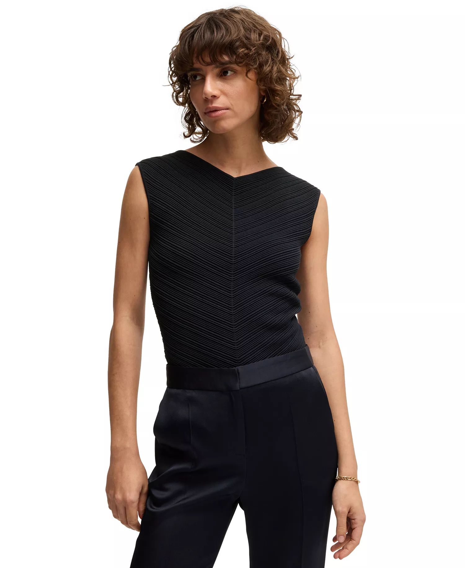 Women's Knitted Structure V-Neck Top - Dark Blue - L