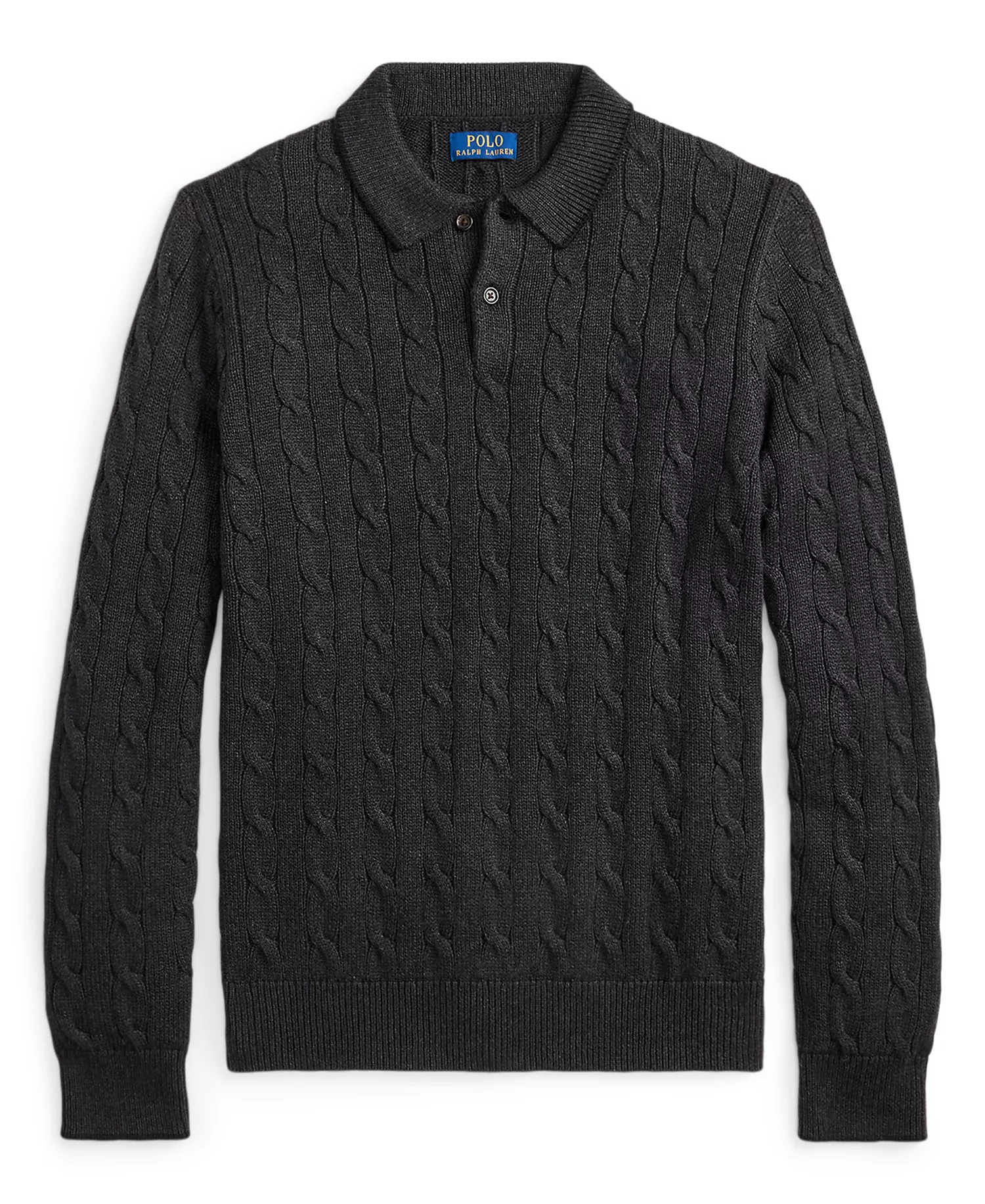 Men's Cable-Knit Cotton Polo Collar Sweater - Dark Granite Heather - 2XL
