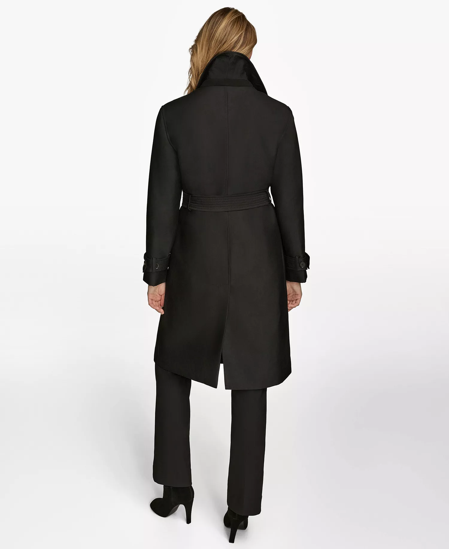 Women's Single-Breasted Belted Trench Coat - Black - L