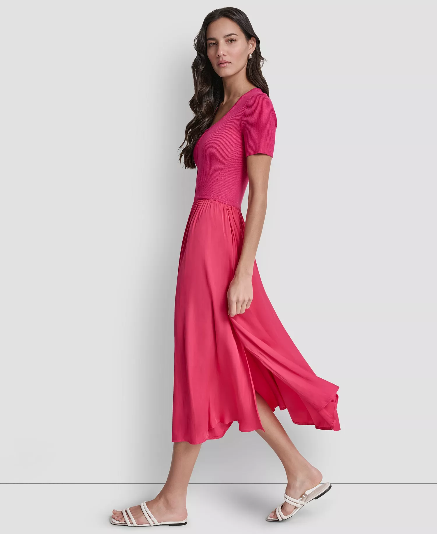 Women's Short-Sleeve Mixed Media Midi Sweater Dress - Hot Pink - L