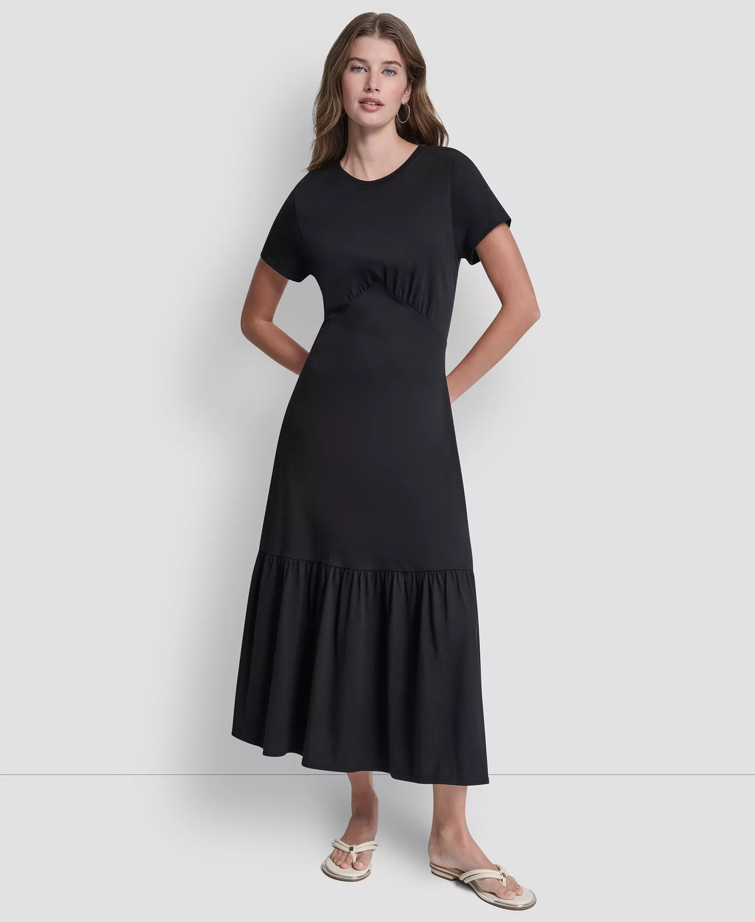 Women's Ruched Bodice Crew Neck Tier Long Dress - Black - L