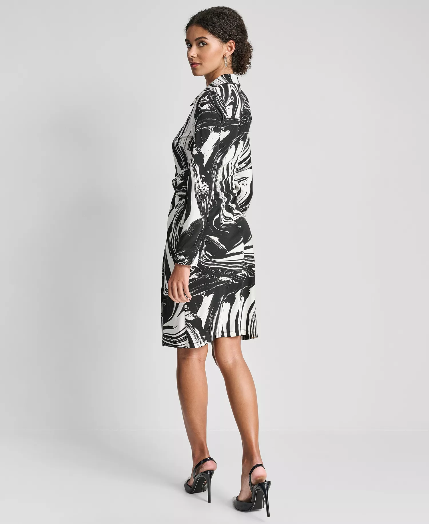 Petite Long-Sleeve Knotted Belted Faux Wrap Dress - Black/Ivory - 0P