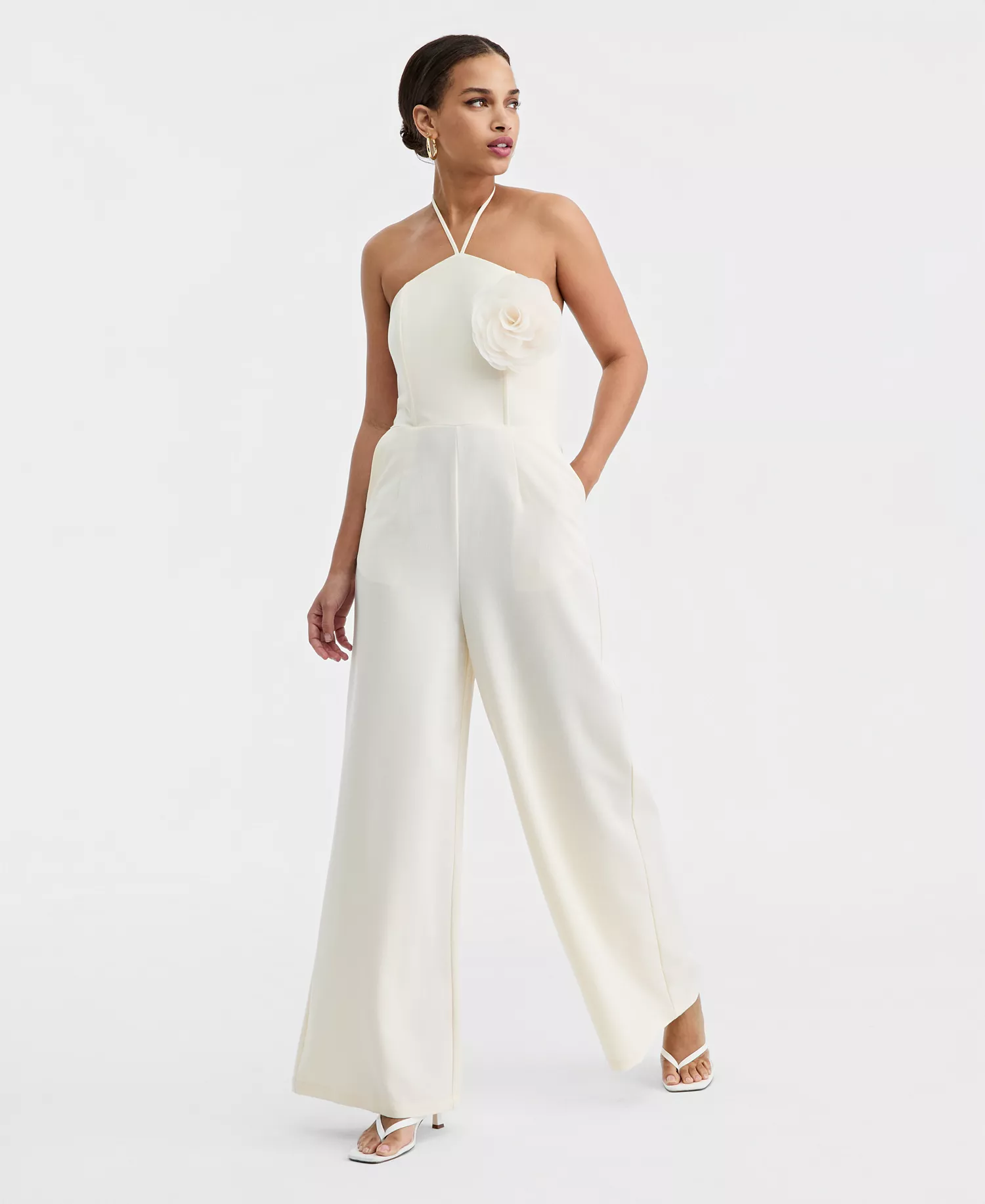 Women's Rosette Halter Neck Wide-Leg Jumpsuit, Macy's Exclusive - Eggnog - M