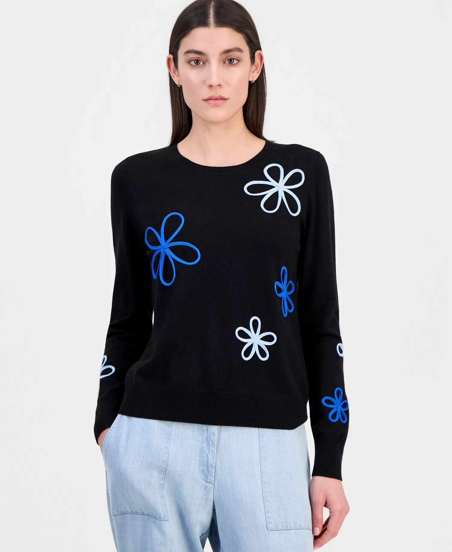 Women's Floral-Appliqué Crewneck Sweater - Black / Multi Floral - L