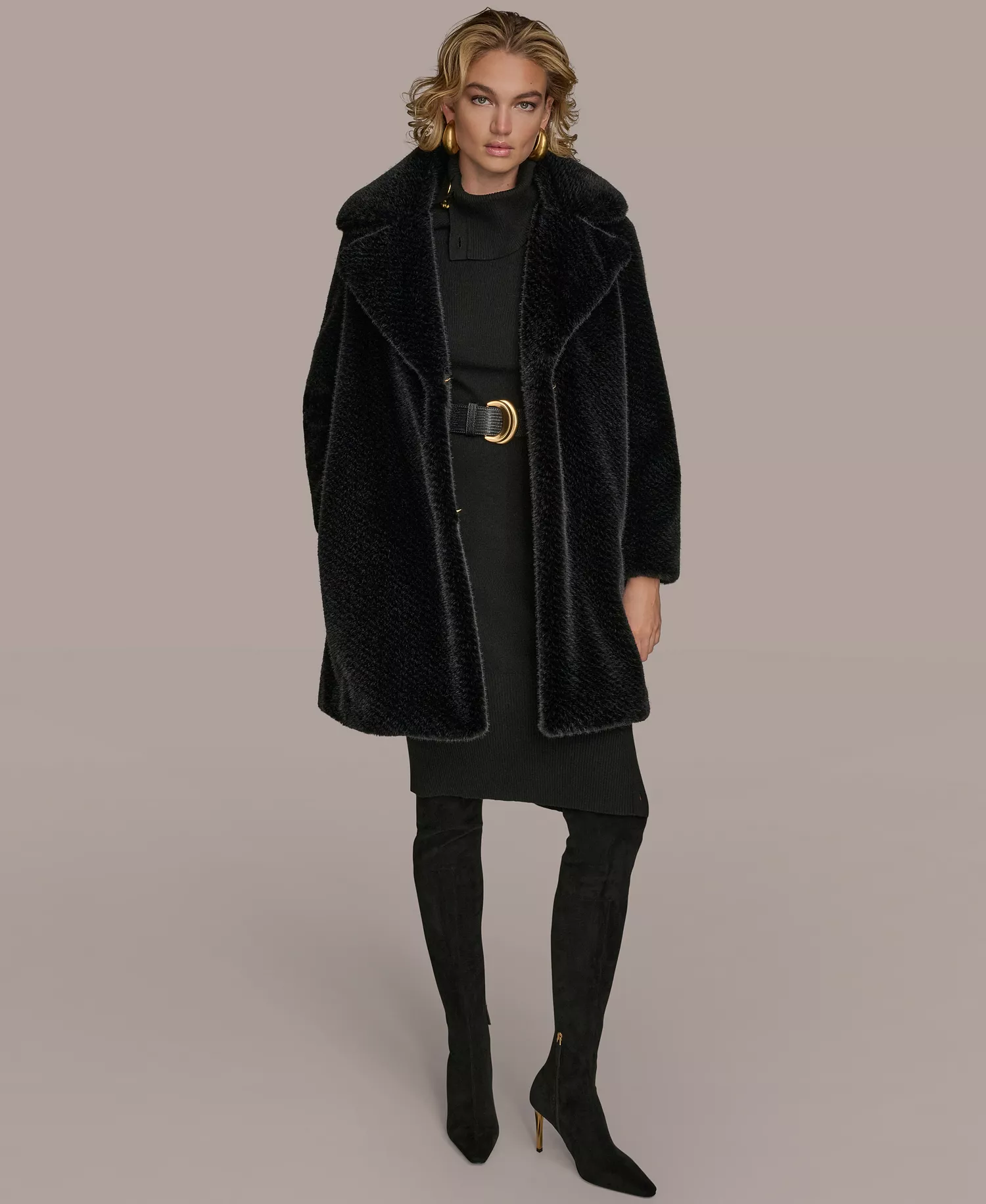 Women's Notched-Collar Faux-Fur Coat - Black - M