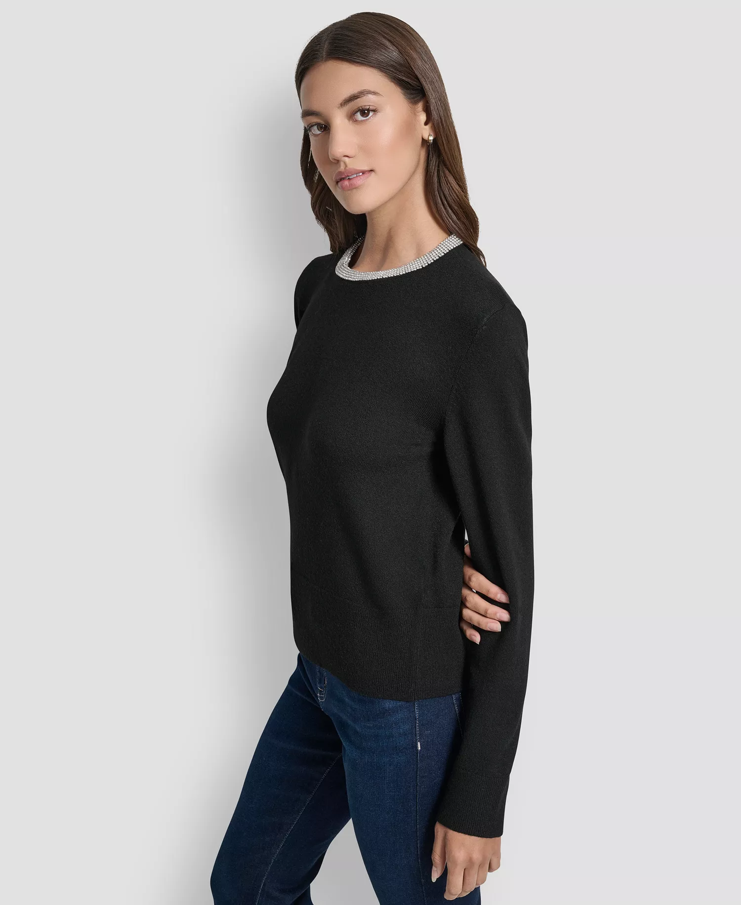 Petite Embellished Trim Sweater Top  - Black - P/XS
