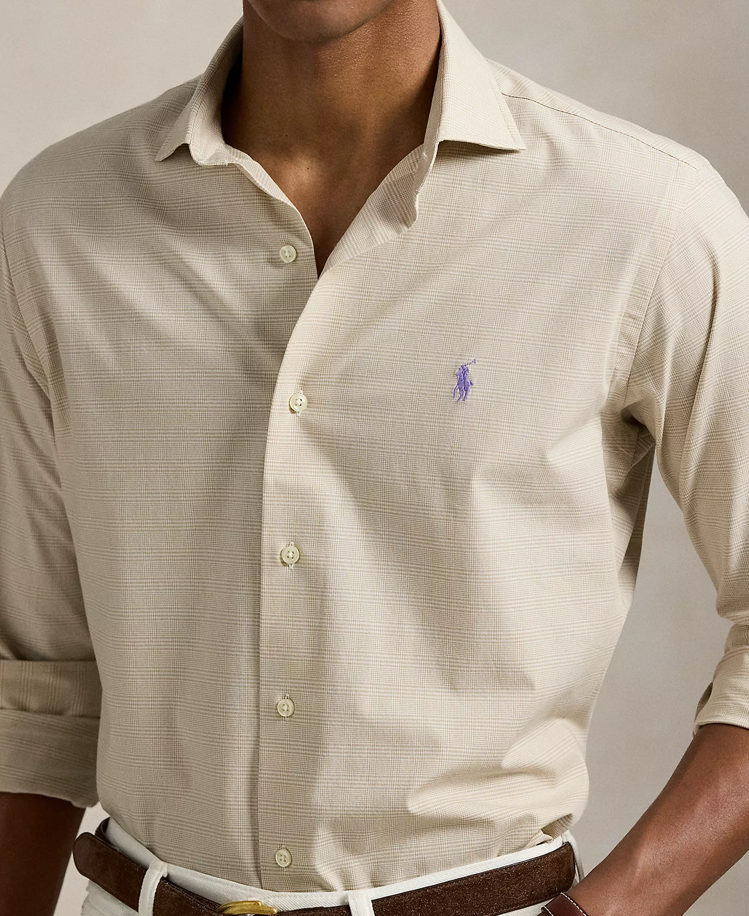 Men's Classic-Fit Plaid Stretch Poplin Shirt - Coastal Beige/White - 2XL