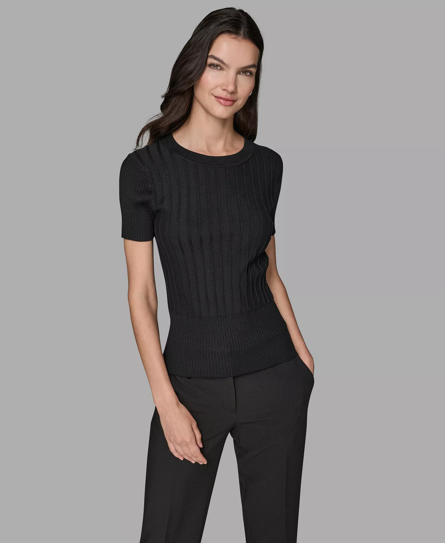 Women's Short Sleeve Sweater Knit Top - Black - L
