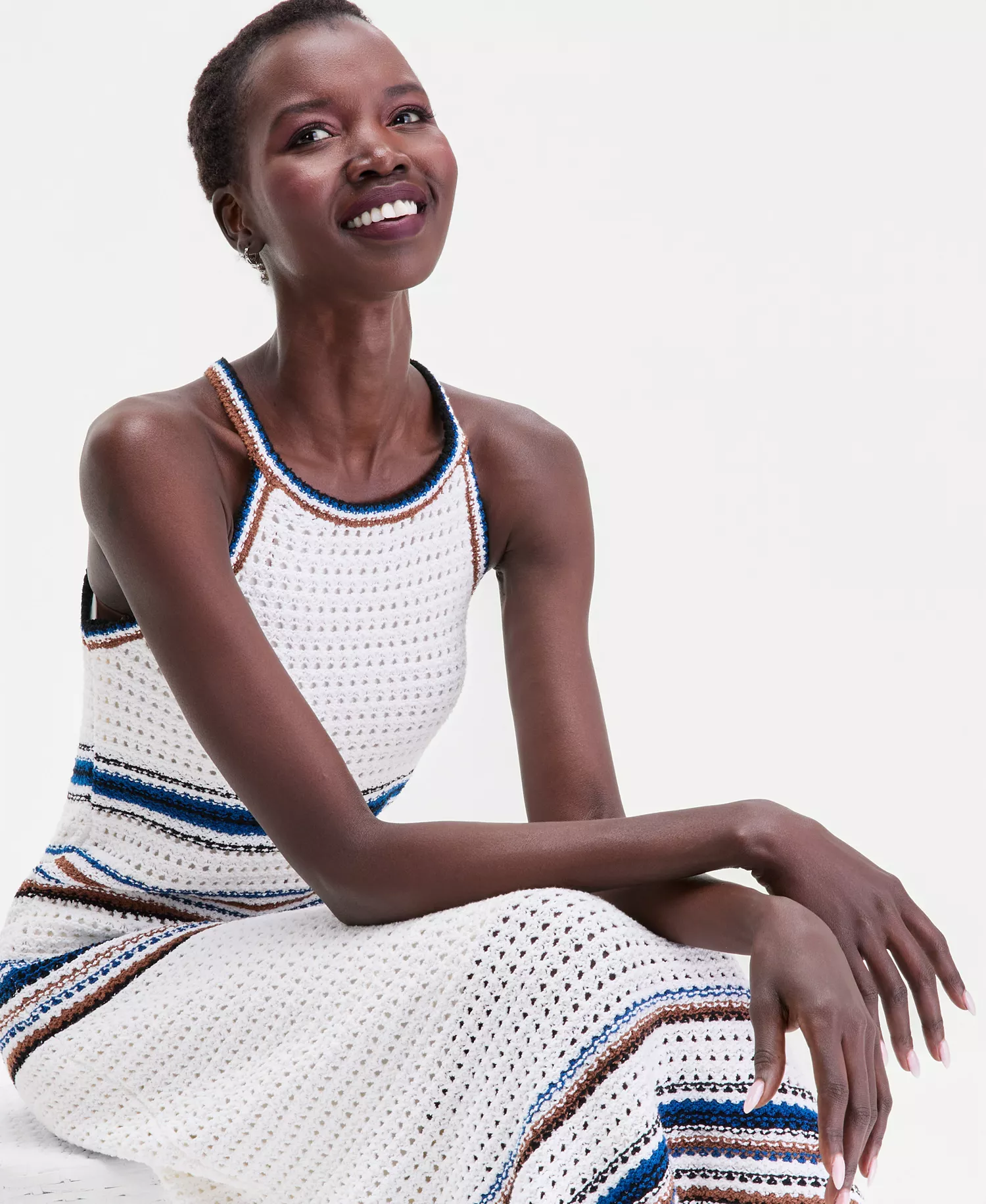 Women's Sleeveless Crochet Stripe Sweater Dress, Macy's Exclusive  - Bri White Combo - L