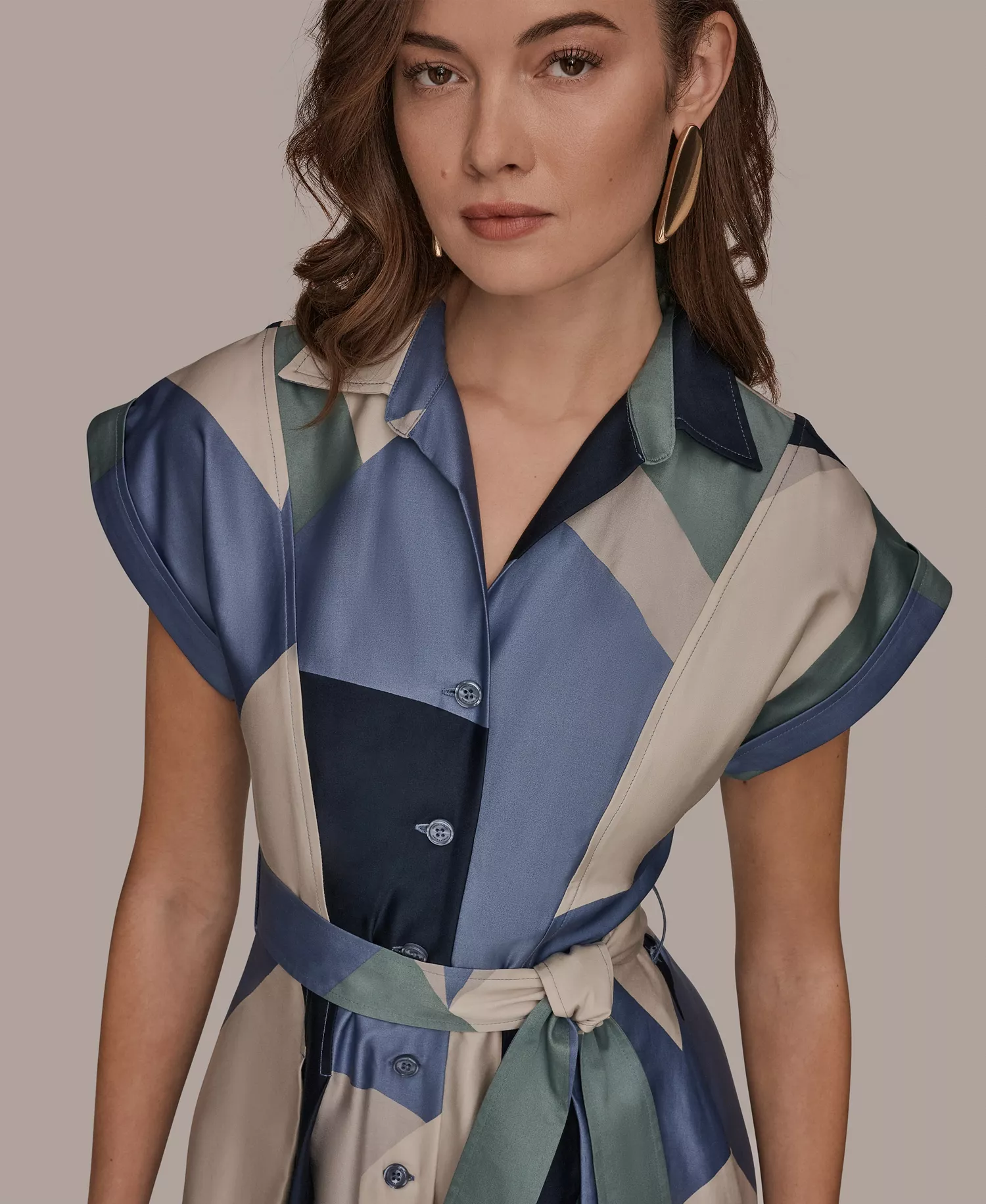 Women's Cap-Sleeve Spread Collar Geometric Colorblock Midi Shirt Dress - Tempest Multi - 10