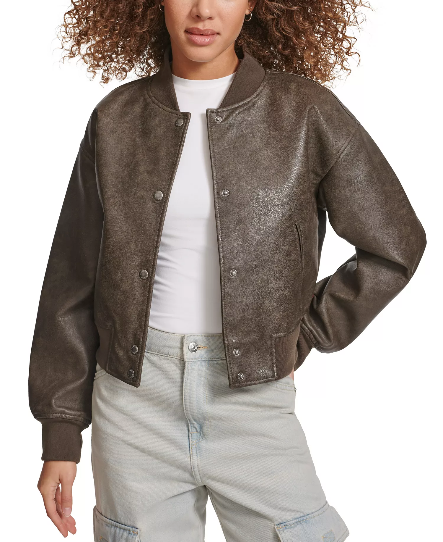 Women's Faux Leather Varsity Bomber Jacket - Ash - L