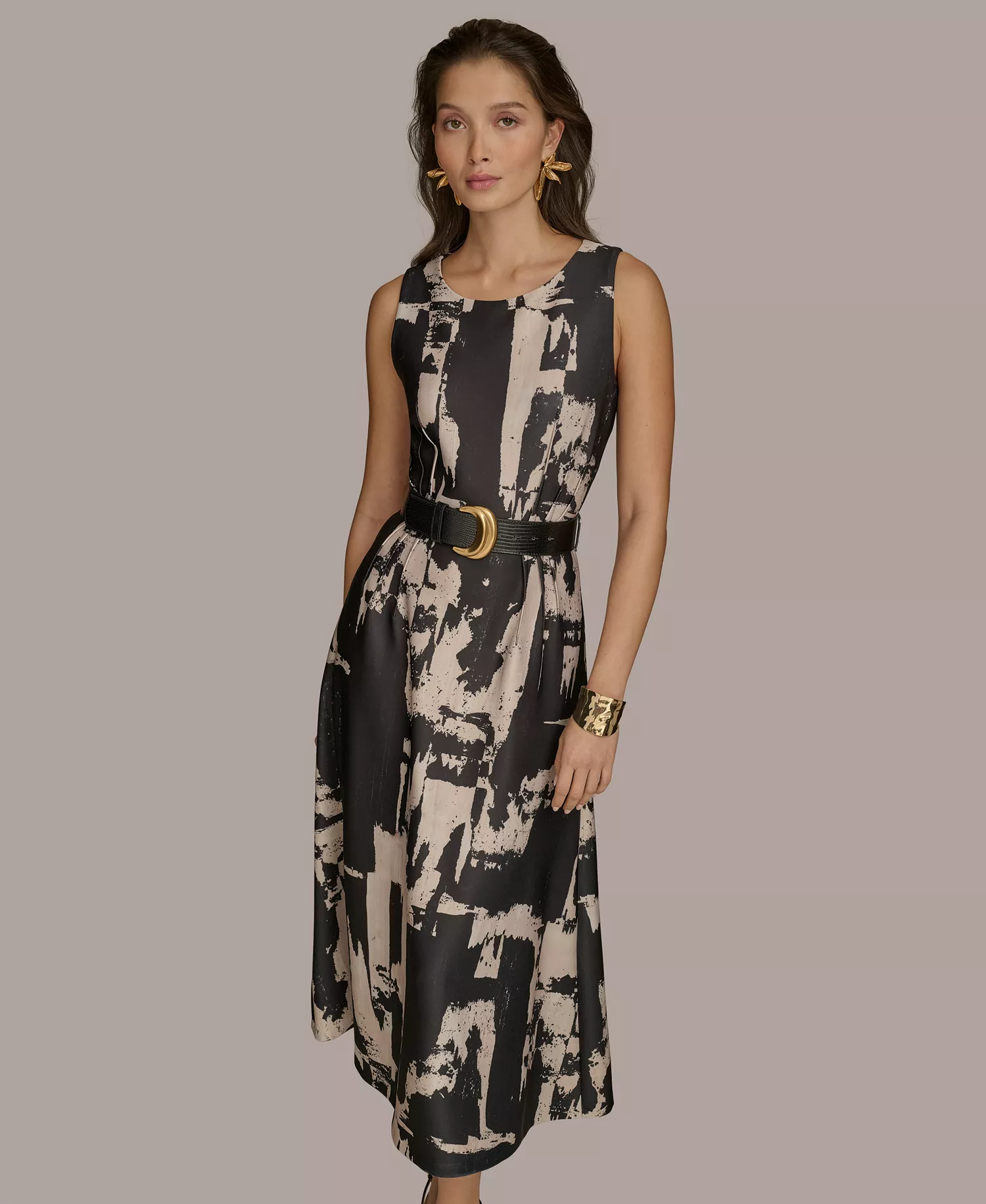 Women's Printed Belted A-Line Dress - Black Sand Multi - 10