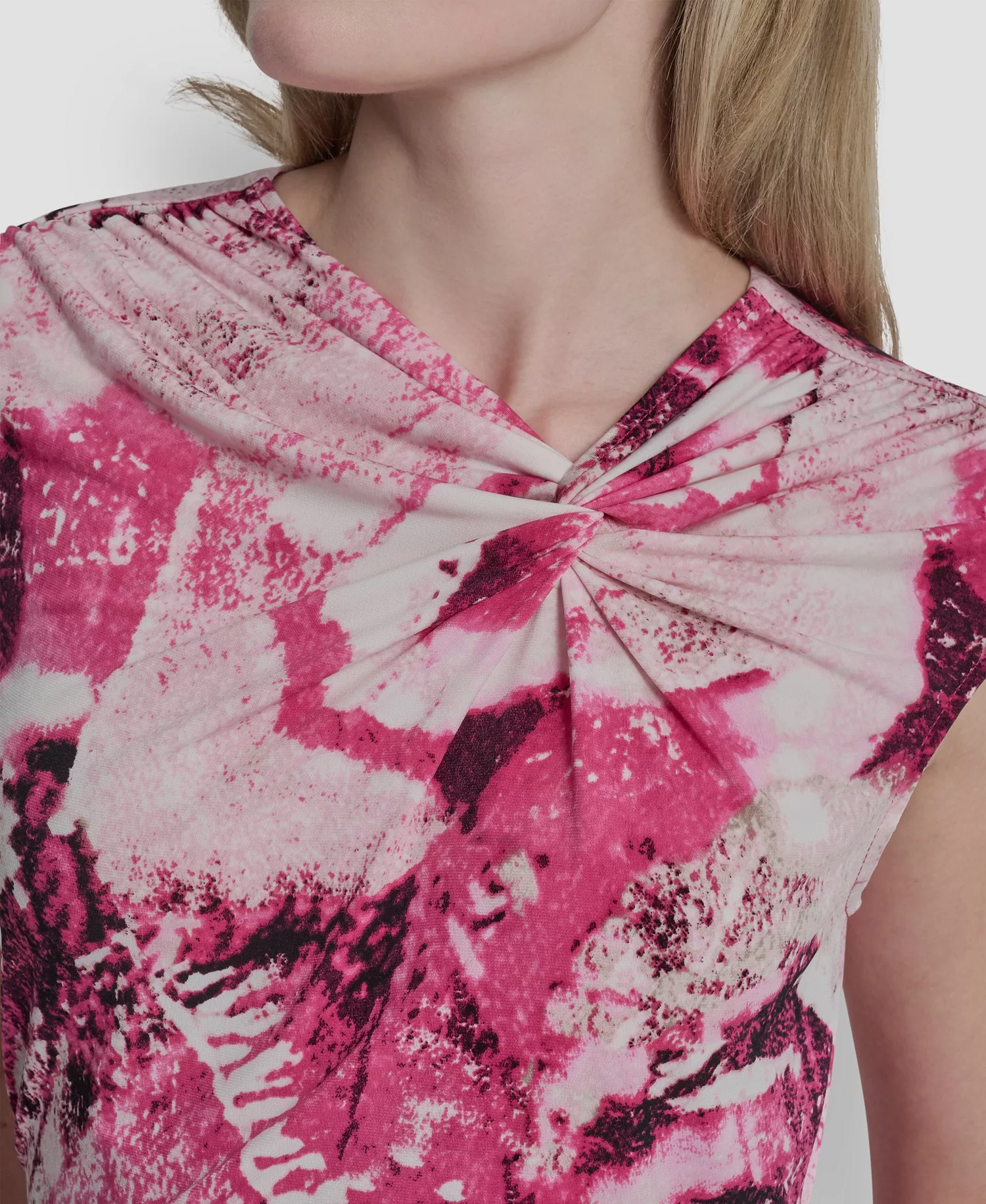 Women's Asymmetric Neck Cap-Sleeve Top - Hot Pink/Pebble Multi - L