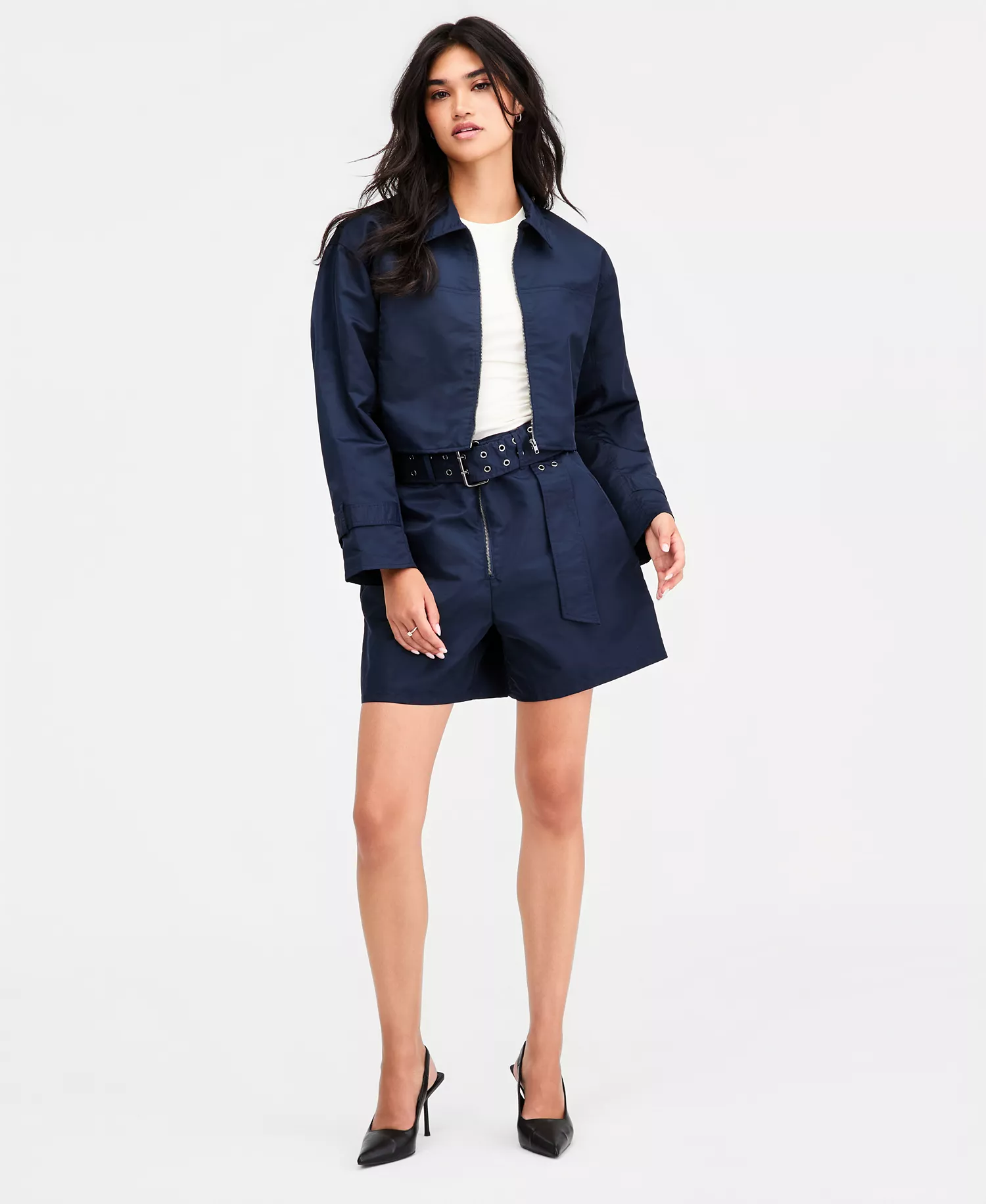 Women's Cropped Belted-Cuff Jacket, Macy's Exclusive - Navy - L