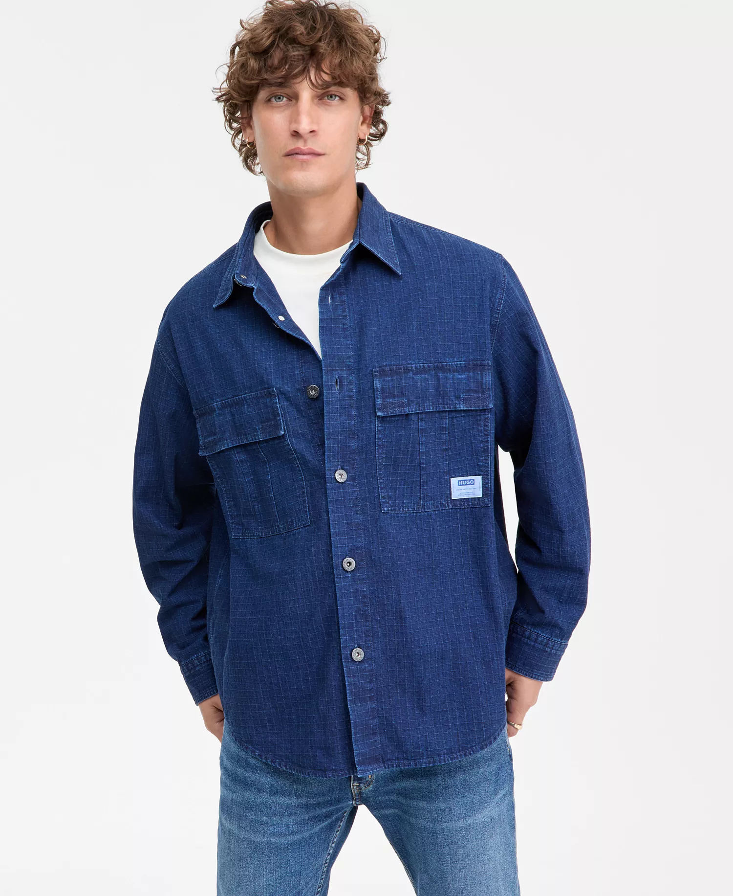 Ebargo Grid-Pattern Denim Button-Front Shirt Jacket - navy - L