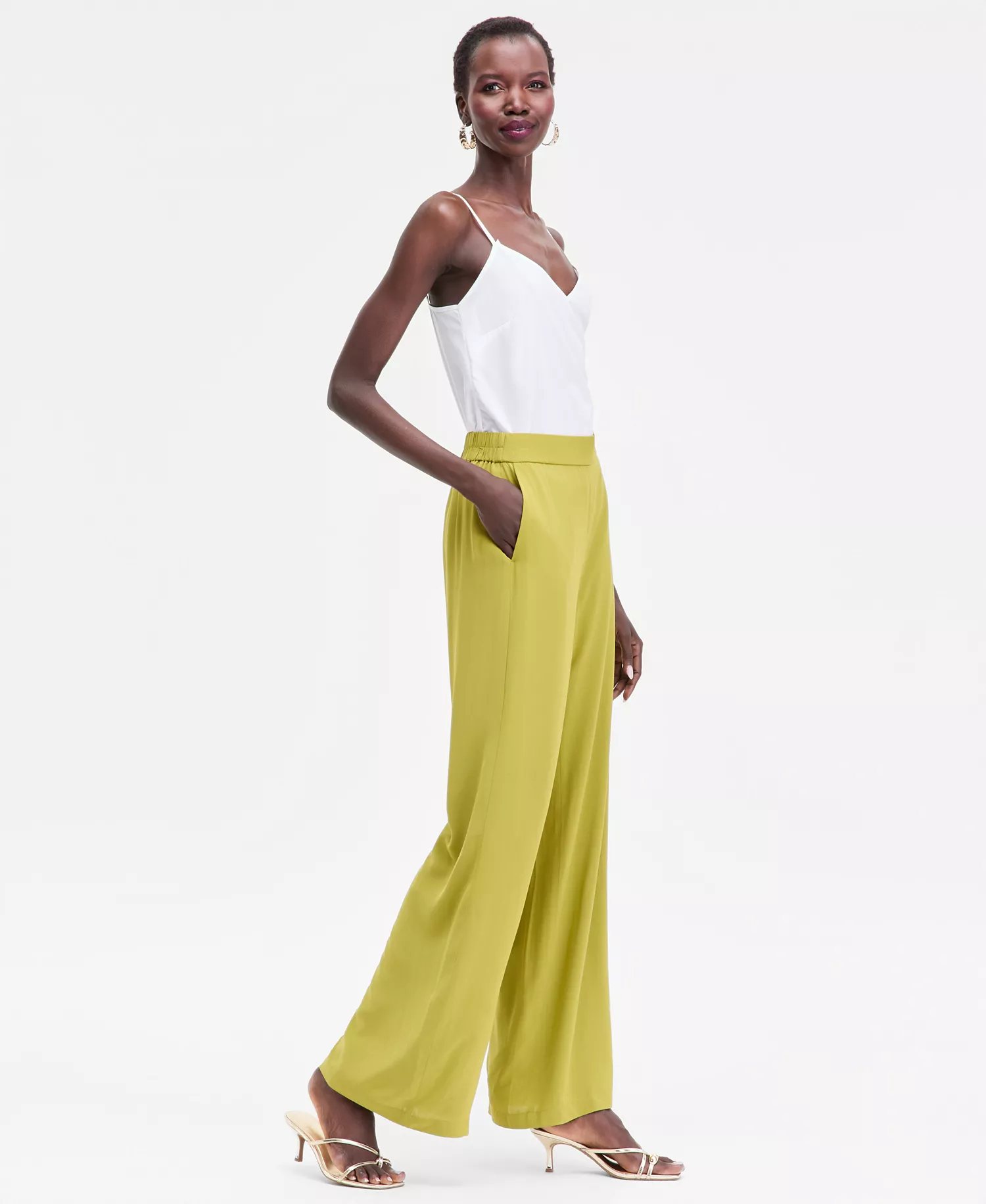 Women's Wide-Leg Pull-On Pants, Macy's Exclusive - Citrine Green - L