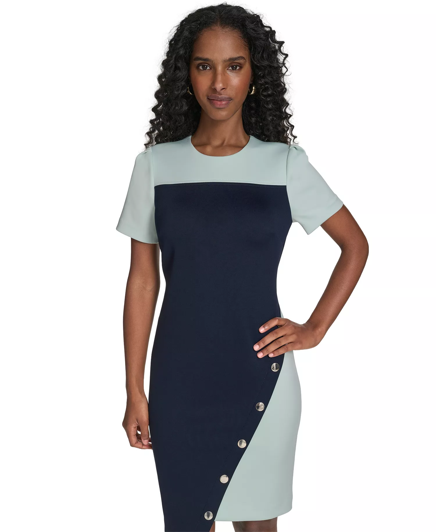 Women's Colorblocked Asymmetrical-Hem Sheath Dress - Sky Captain/Harbor Gray - 10