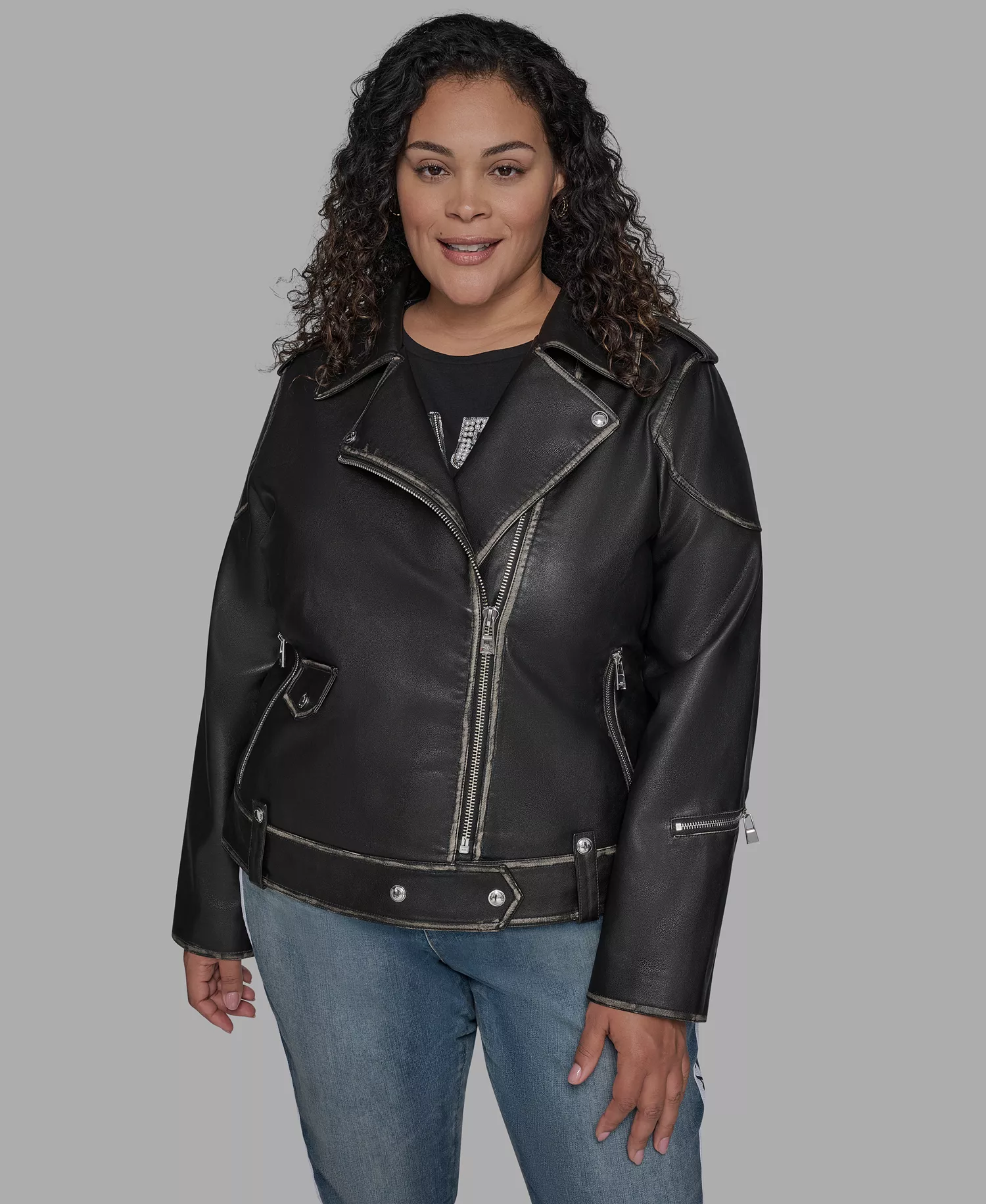 Plus Size Asymmetric Faux-Leather Belted Moto Coat - Black - 3X