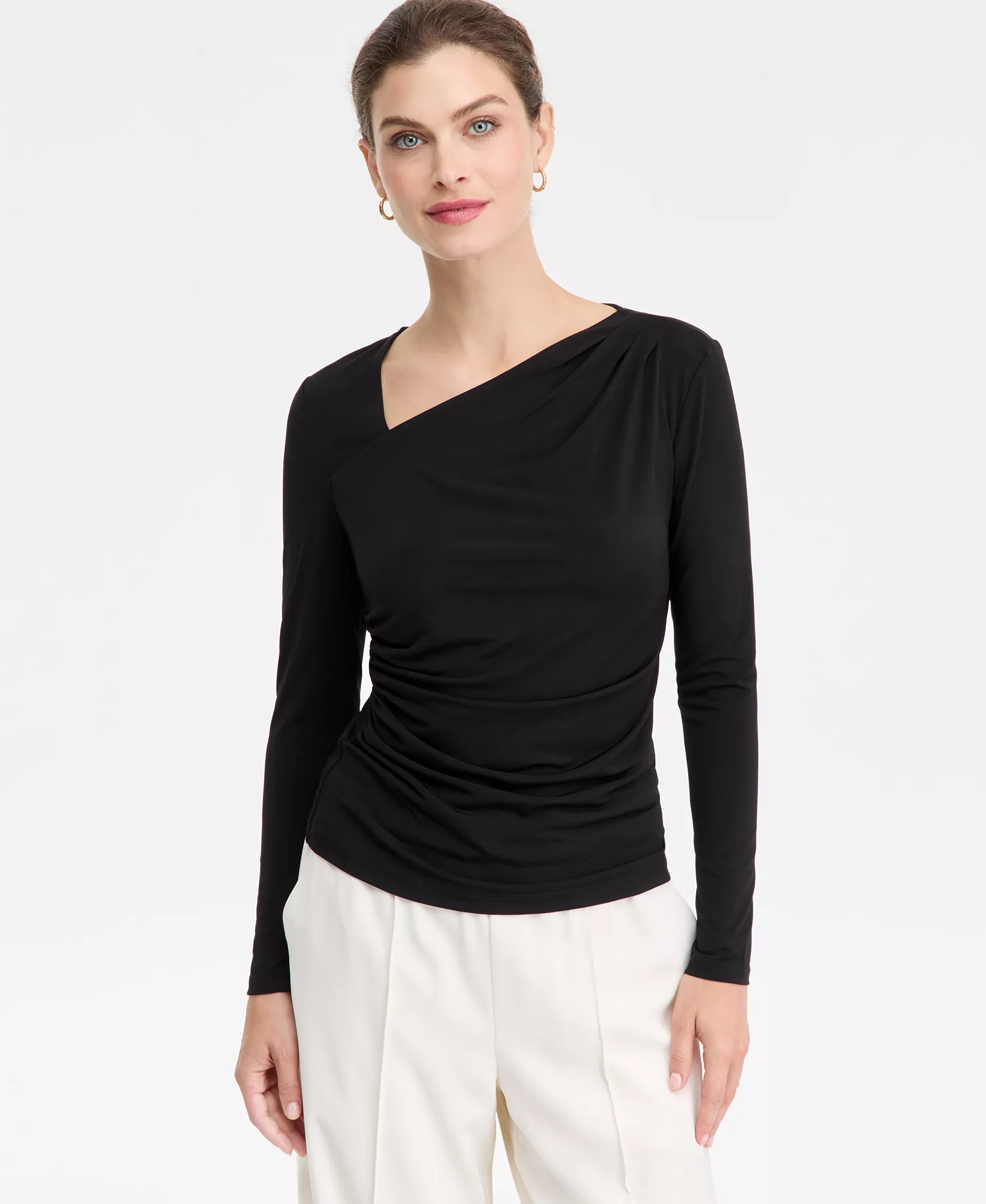 Women's Asymmetrical-Neck Long-Sleeve Top, Macy's Exclusive - Deep Black - XL - Regular