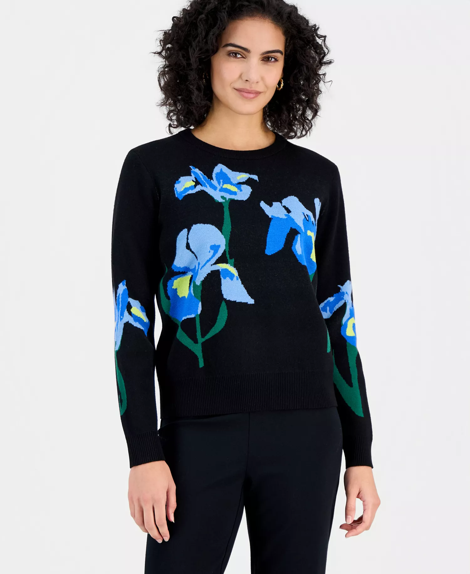 Women's Flower Jacquard Crewneck Sweater - Black Blue - L
