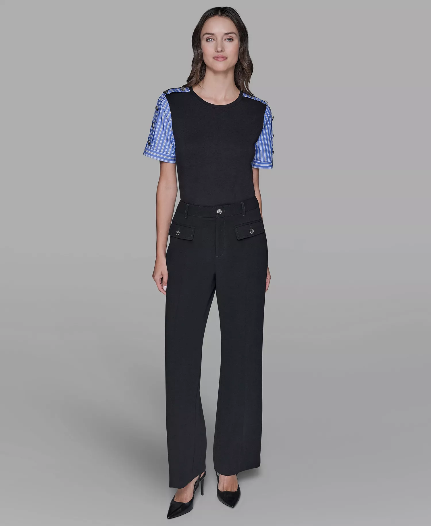 Women's Pinstripe-Sleeve Pull-On Blouse - Black - L