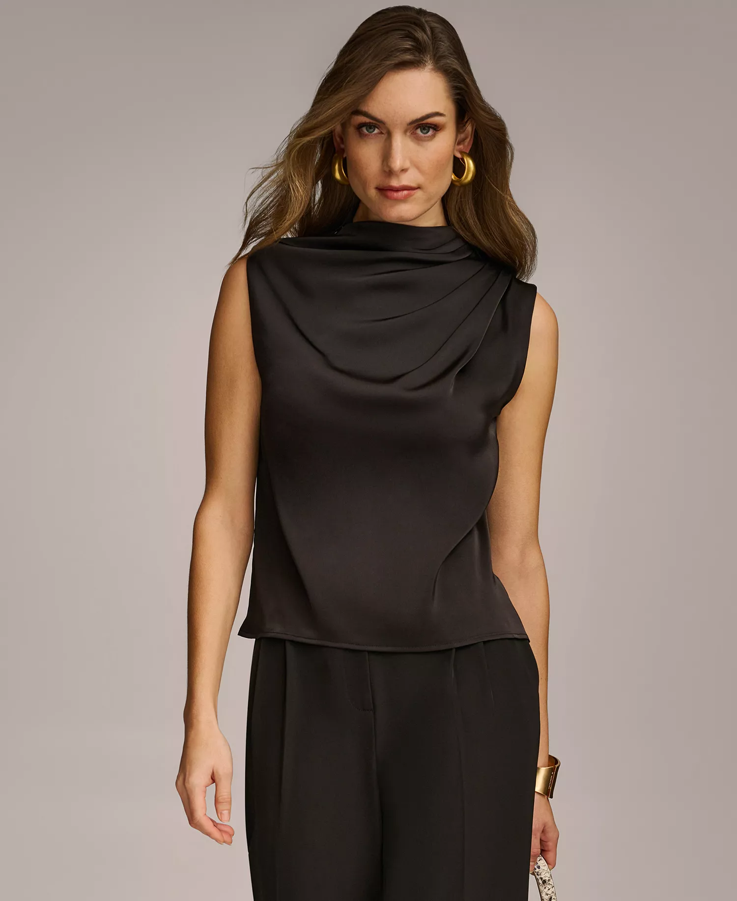 Women's Draped High Neck Sleeveless Top, Regular & Petite Sizes - Black - L