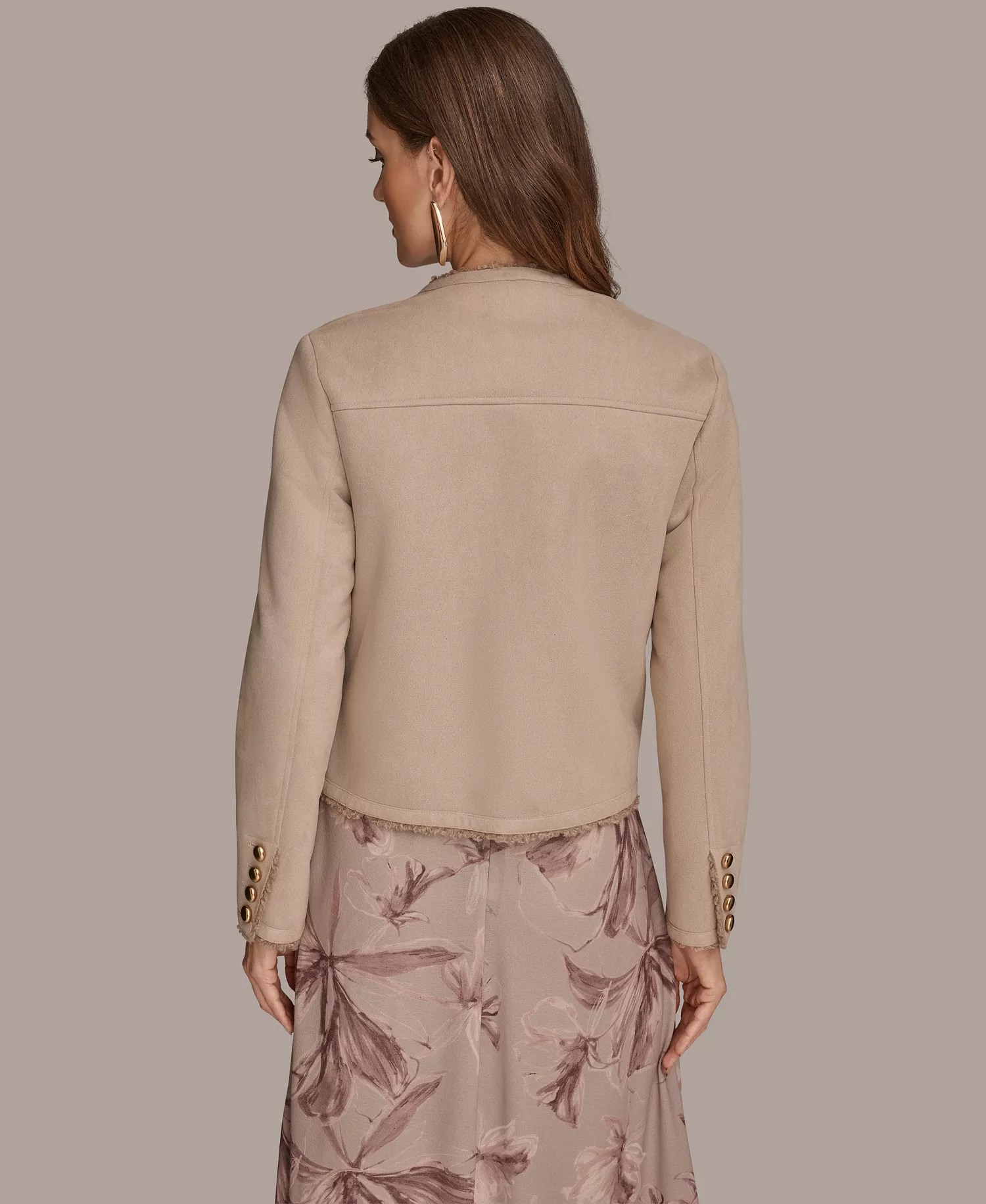 Women's Crewneck Button-Front Boxy Coat - Tan/Beige - L