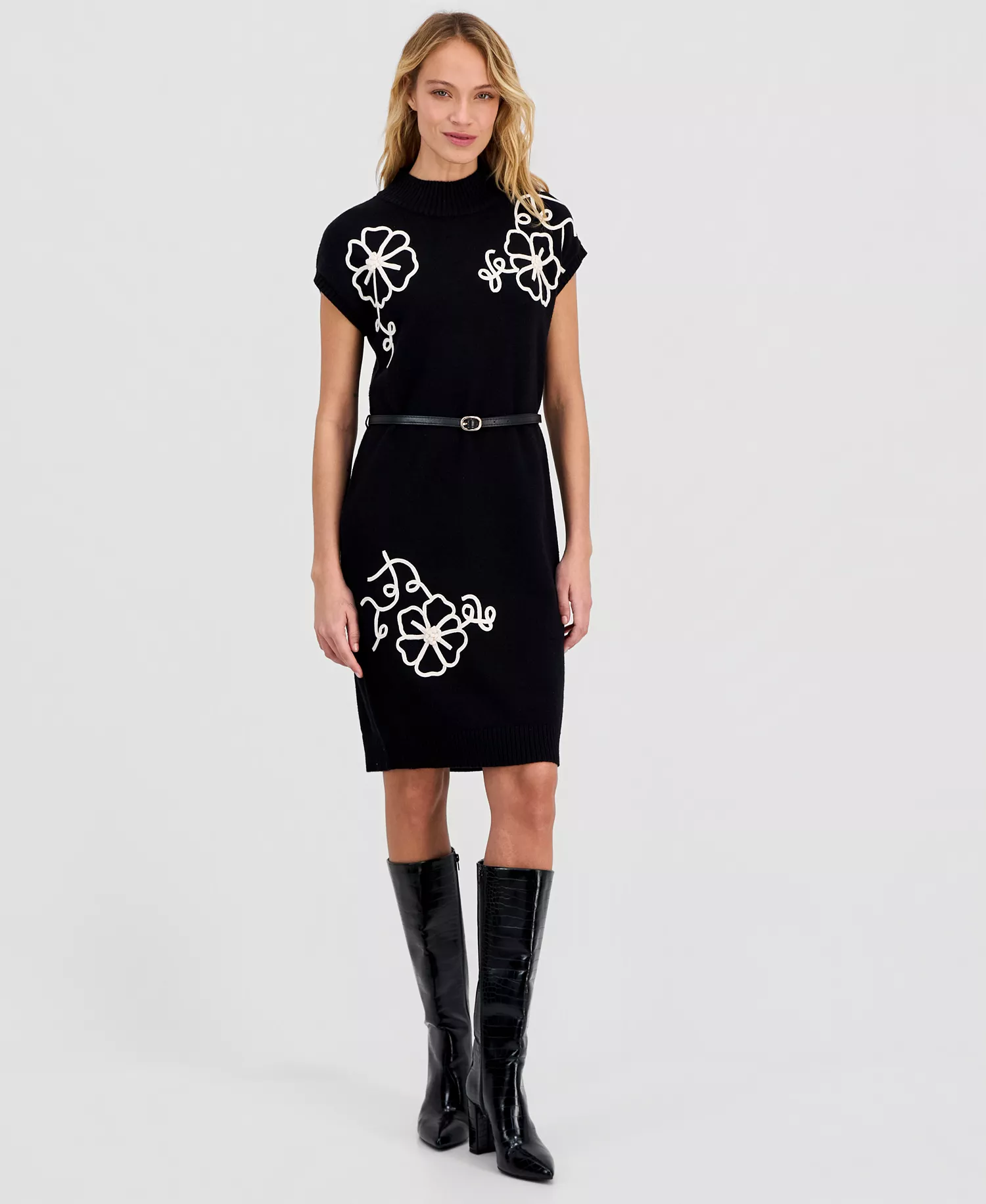 Women's Floral-Embroidered Sweater Dress - Black - L