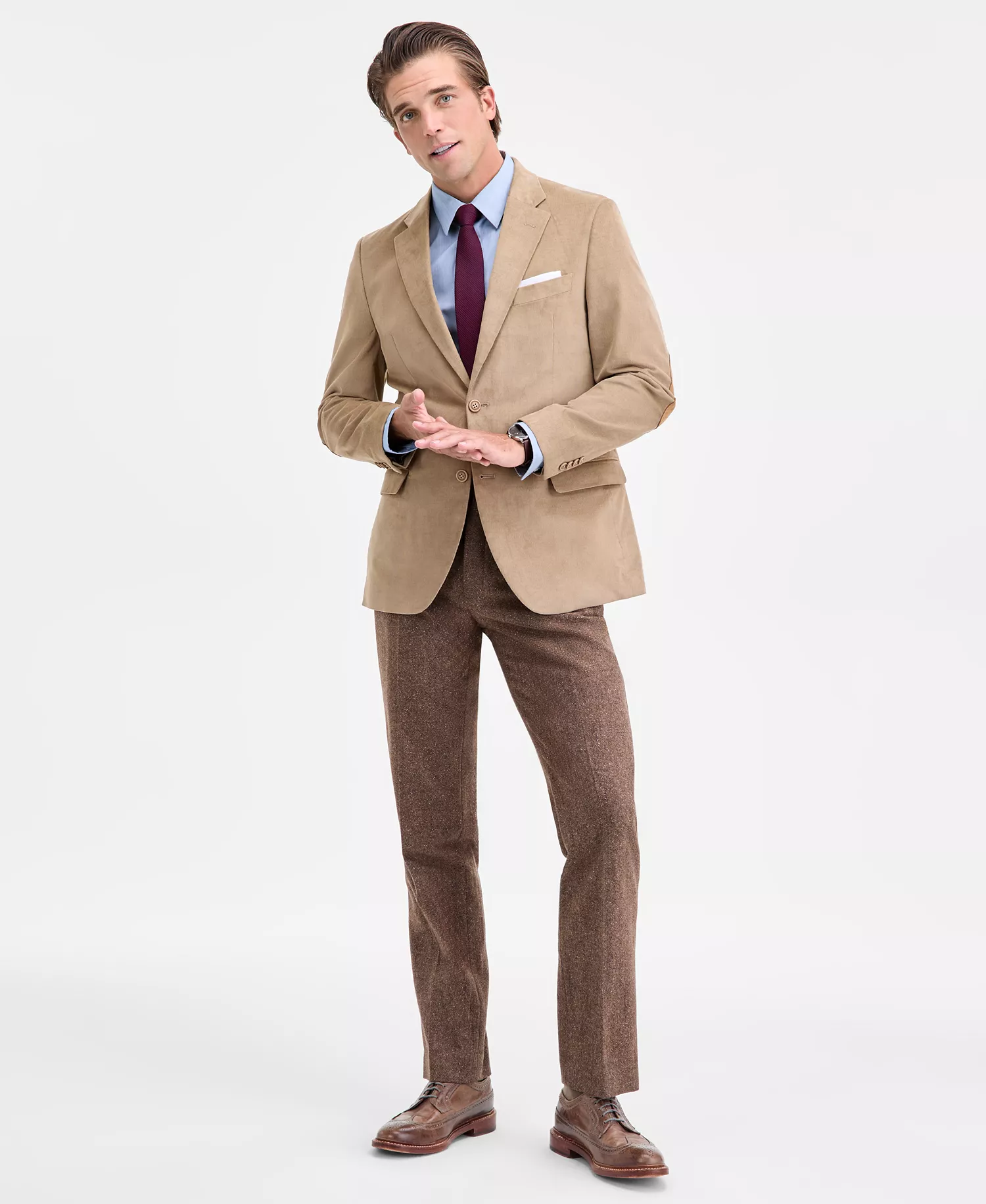 Men's Modern-Fit Solid Stretch Corduroy Elbow Patch Sport Coat - Beige - 36R