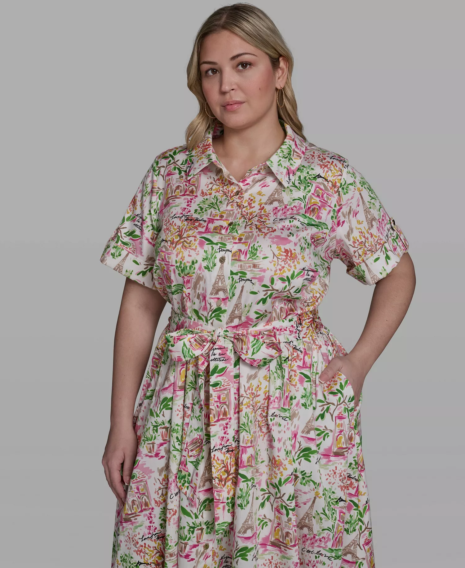 Plus Size Printed Collared Dress - Soft Whtie/Pink Multi - 14W