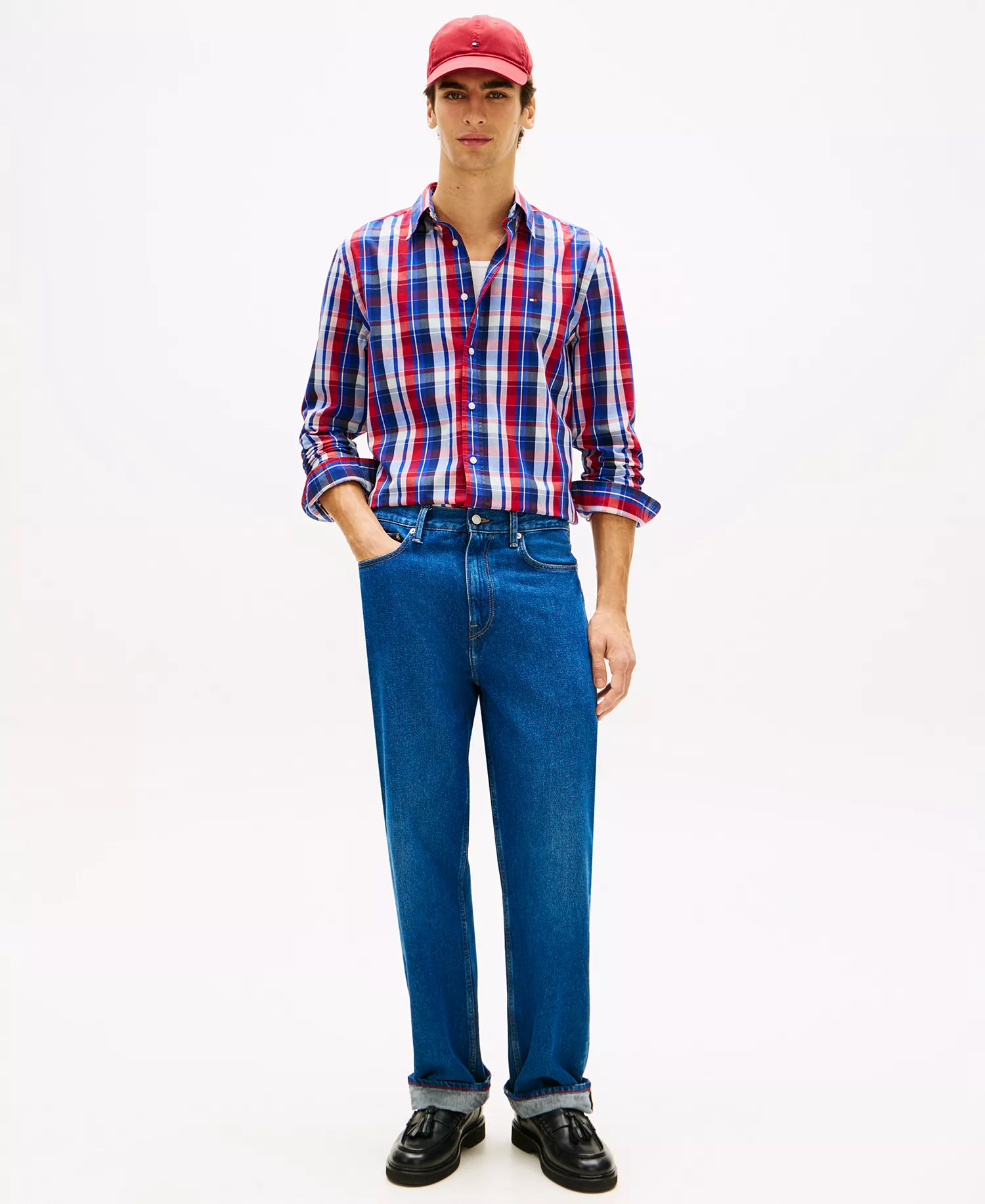 Men's Regular Flex Poplin Multi-Check Shirt - Medium Red/Check - L