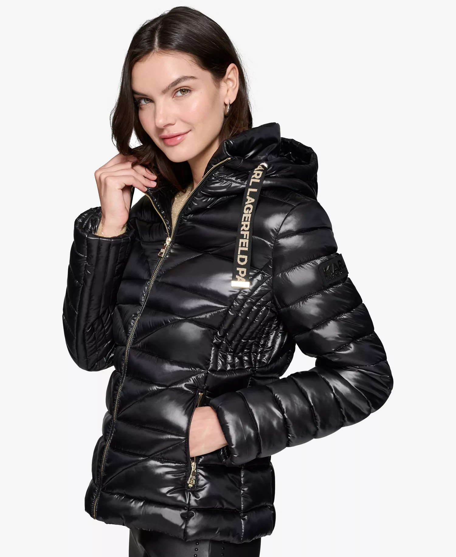 Women's Drawstring Puffer Coat - Black - L
