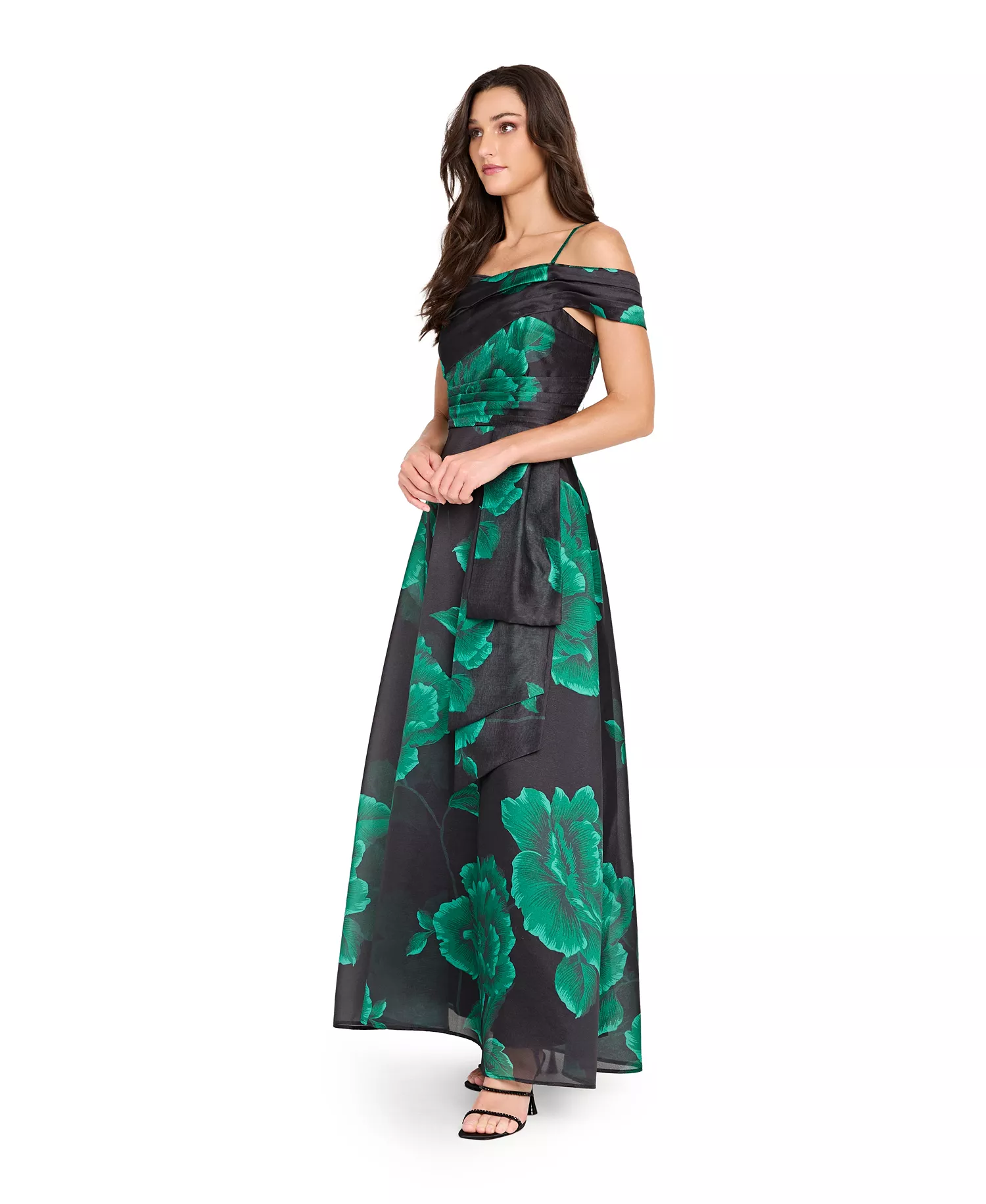 Women's Printed Off-Shoulder Ball Gown - Black/Green - 10