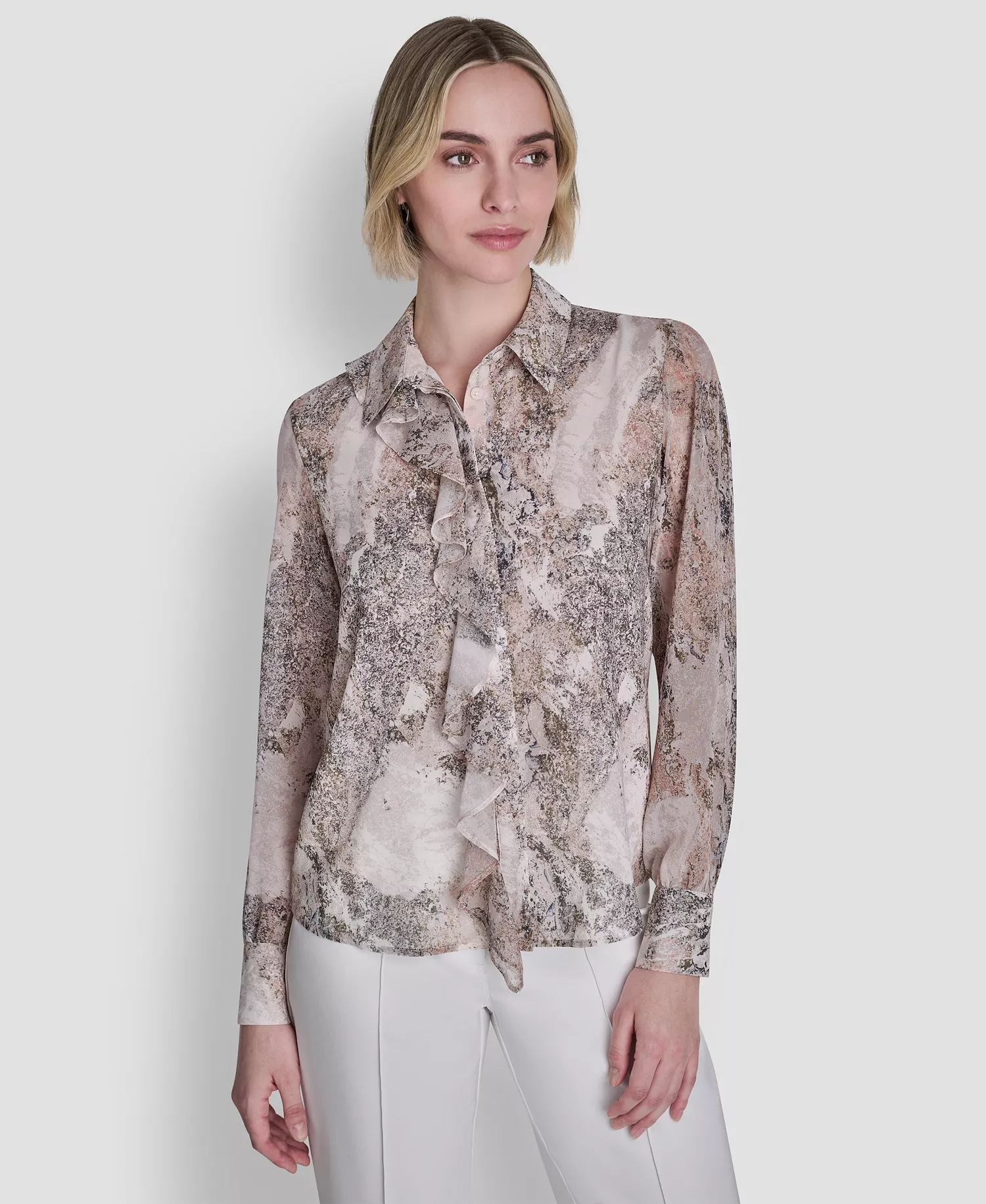 Women's Printed Ruffle Front Long-Sleeve Collared Blouse - Coconut / Travertine Multi - L