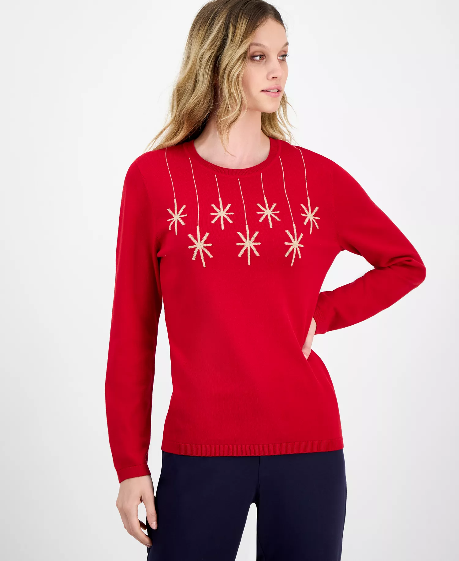 Nautica Women's Cotton Hanging Snowflake Sweater - Haute Red/ Gold - M