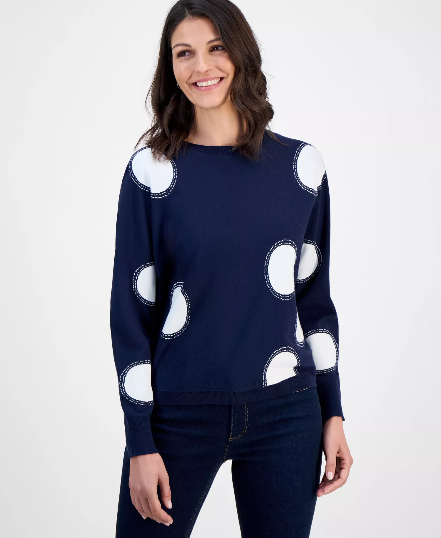 Women's Intarsia Polka-Dot Dolman-Sleeve Sweater - Navy With White - L