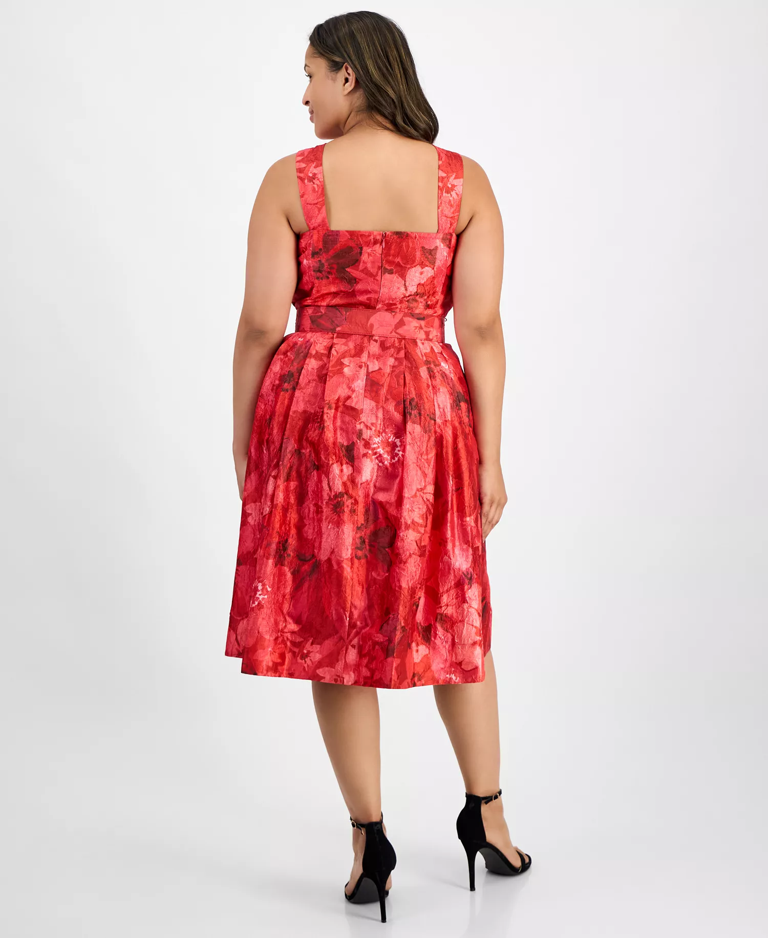 Plus Size Jacquard Belted Fit & Flare Dress - Crimson Floral - 14W