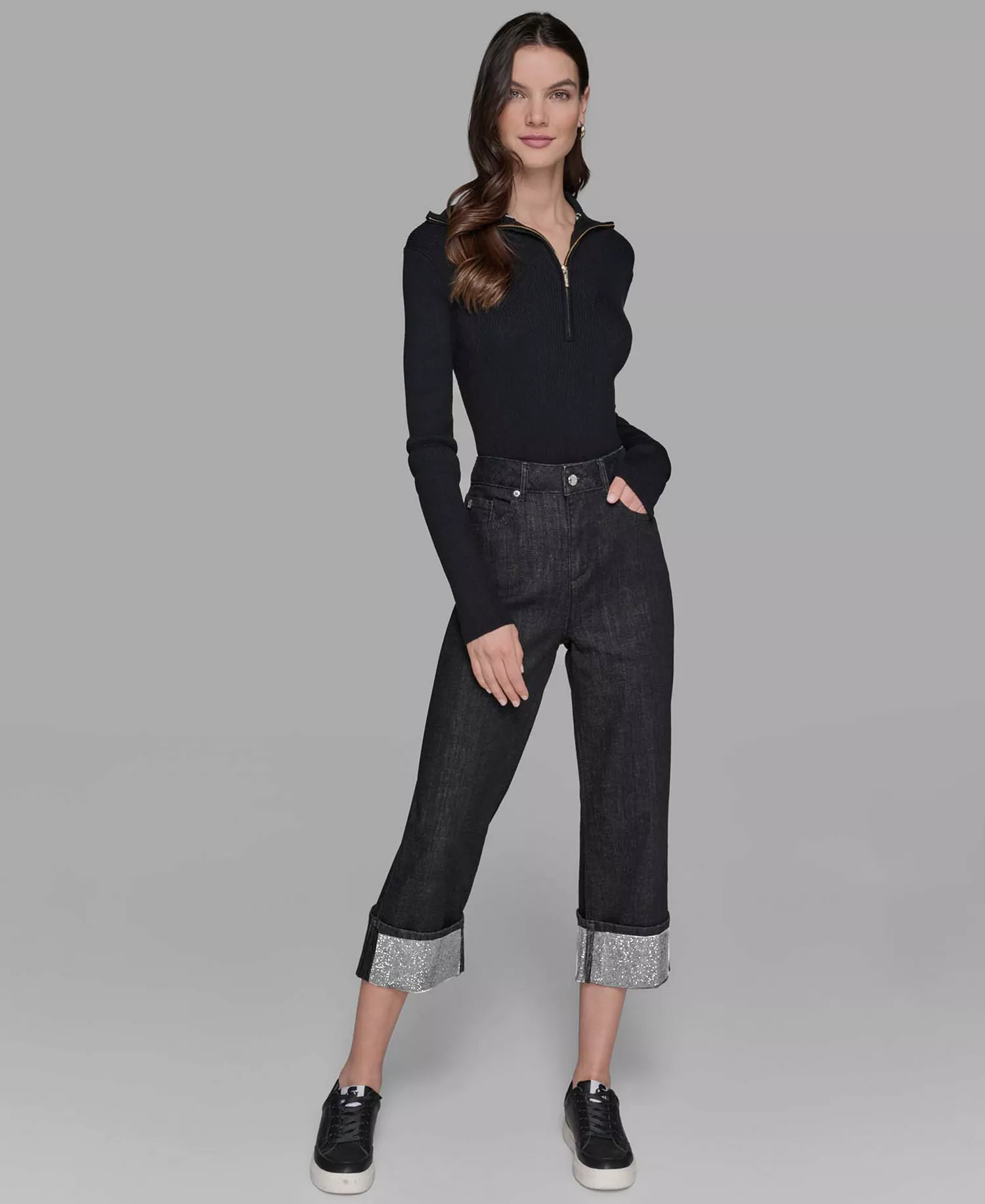 Petite High-Rise Cuffed-Embellished Jeans  - Black - 10P