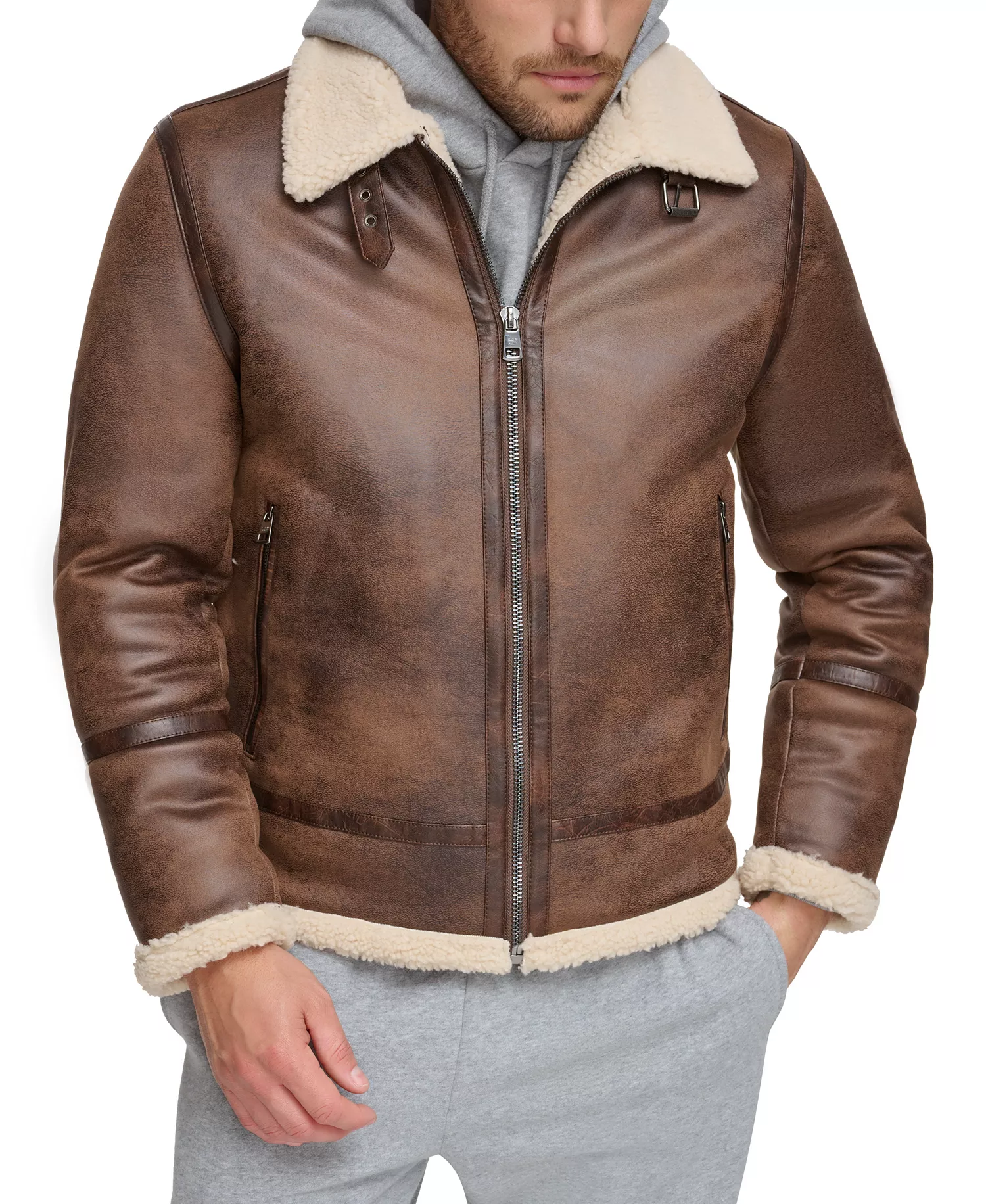 Men's Classic Faux Shearling B-3 Bomber Jacket - Brown - 2XL