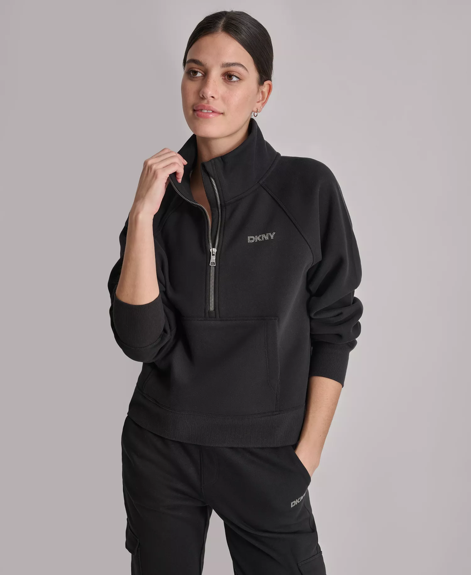 DKNY Women's Studded-Logo Half-Zip Sweatshirt - Black - L