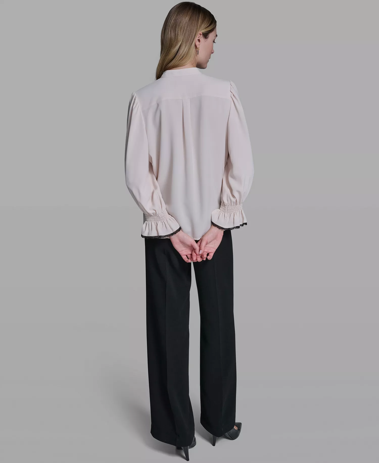 Women's Ruffle Lace Trim Long-Sleeve Blouse - Bisque - L