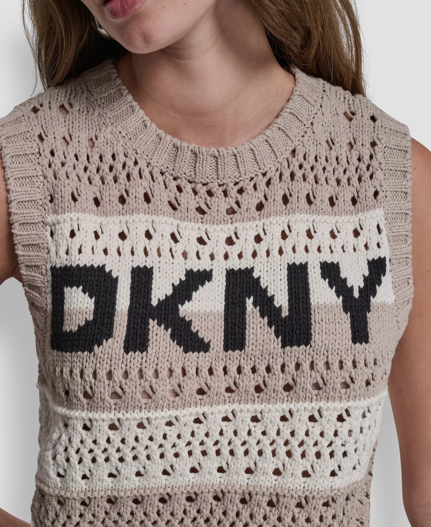 Women's Crew Neck Striped Pointelle Stitch Sweater - Pebble Ivory Black - L